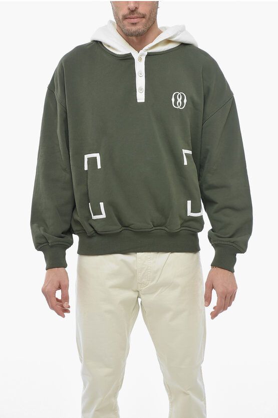 image of Bally Buttoned Neck Hoodie With Contrasting Details in Military Green, Men's (Size Small)