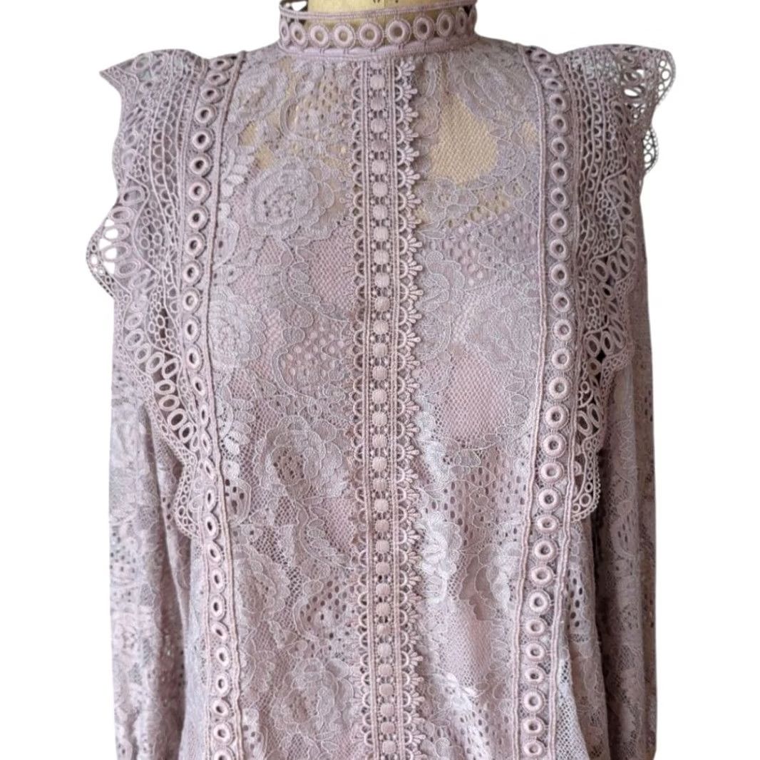 Vintage Cable & Gauge Floral Lace Mock Neck Ruffle Blouse S Women Long Sleeve Purple) Size S / US 4 / IT 40 - 5 Thumbnail