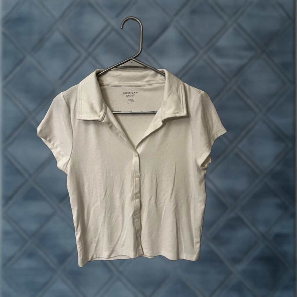 American Eagle Outfitters American Eagle Outfitters Shirt Women Short Sleeve Button-Down White L Cotton Blend Linen Blend, Button, Basic, Casual, Workwear, Travel, 90s? Size L / US 10 / IT 46 - 1 Thumbnail