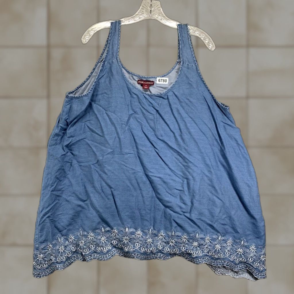 Vintage Jessica London Tank Top Women Size 22 Blue Denim Embroidered Asymmetrical Hem Casual Bohemian Size 3XL / US 20-22 - 1 Thumbnail