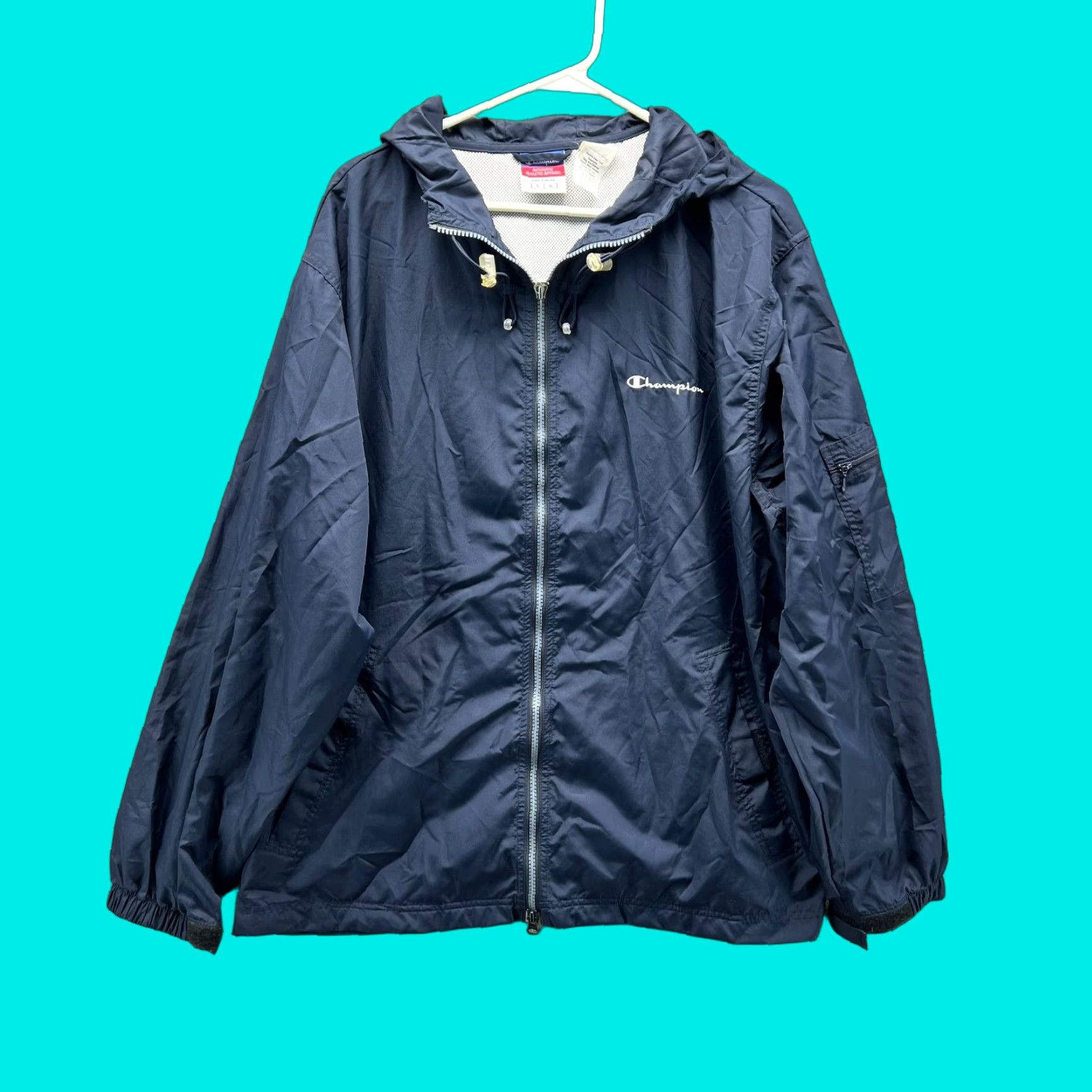 VINTAGE Champion Jacket Mens Large Blue Navy Full Zip Hoodie Windbreaker Athletic Vtg