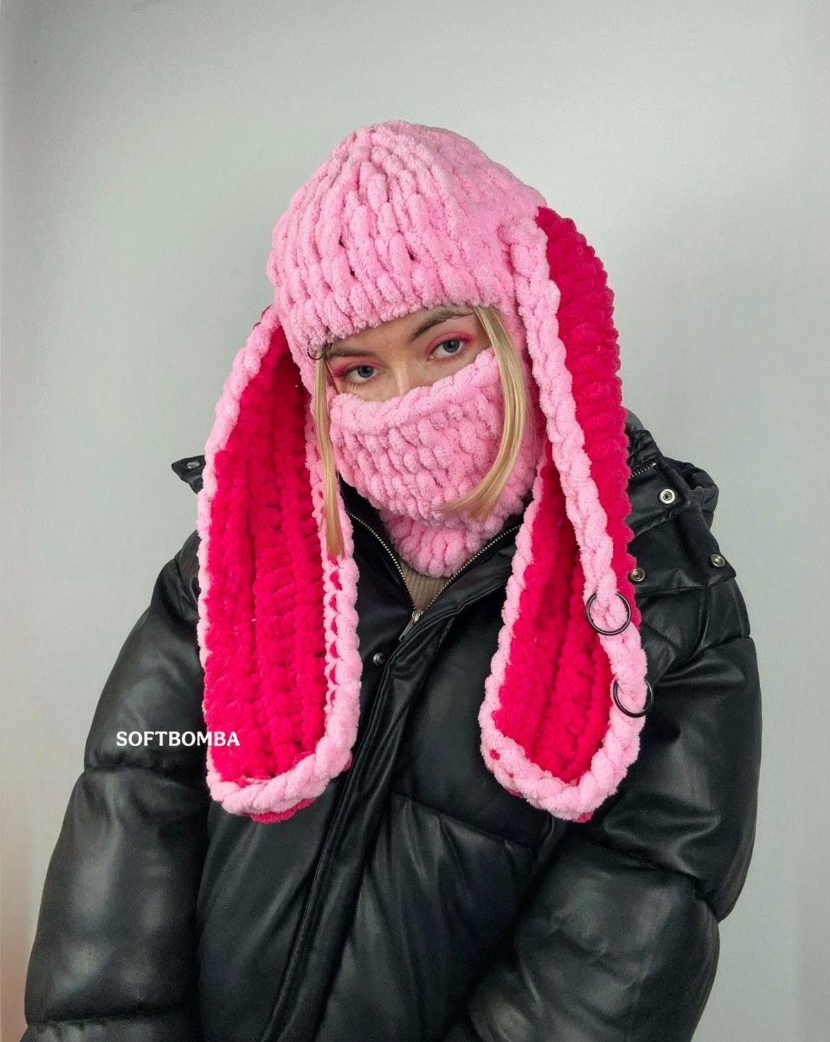 Handmade Bunny balaclava with ears . Pink beanie bunny. Ski mask Size ONE SIZE - 1 Thumbnail
