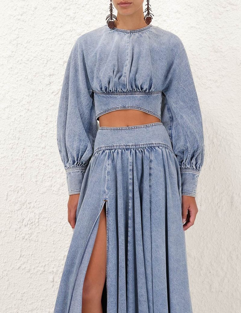 Zimmermann oc11z0226 Batwing Denim Crop Top In Blue Size L / US 10 / IT 46 - 2 Thumbnail