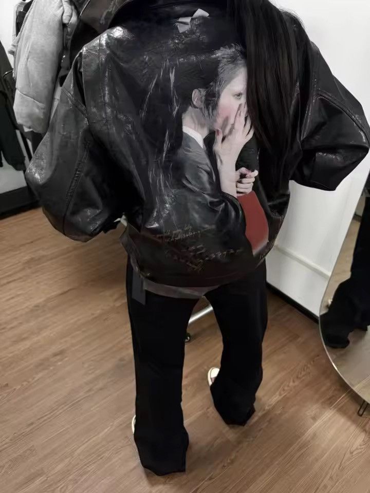 Black Faux Leather Graphic Print Jacket Relaxed Fit