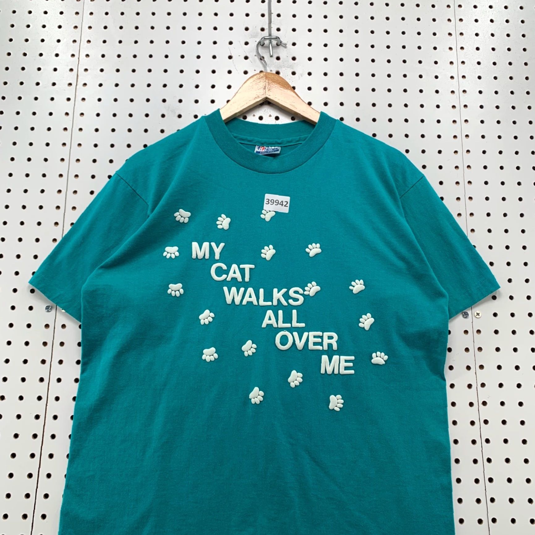 Hanes VINTAGE 80s Hanes Funny Cat Paw Print T-Shirt Mens Large Green Graphic Print Made in USA Size US L / EU 52-54 / 3 - 2 Thumbnail