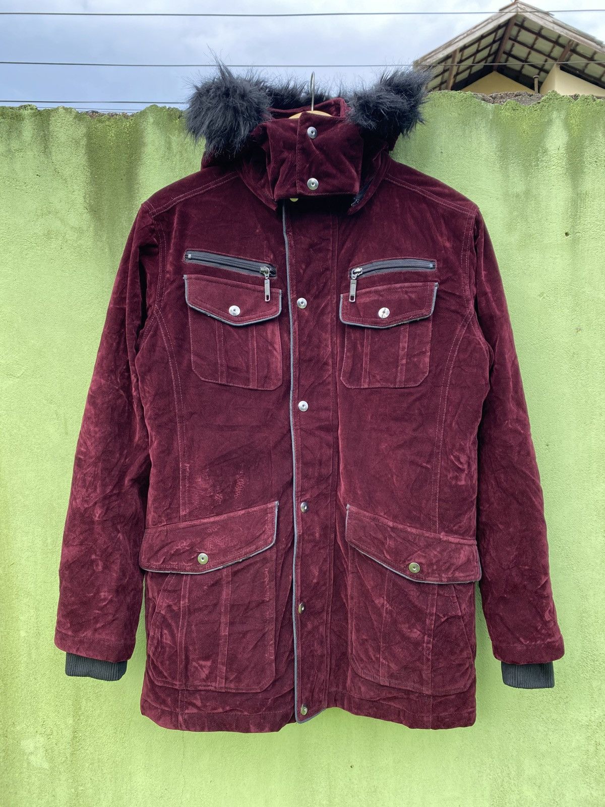 Japanese Brand Naughty Style Burgundy Velvet Parka Jacket Faux Fur Hood Size US M / EU 48-50 / 2 - 1 Thumbnail