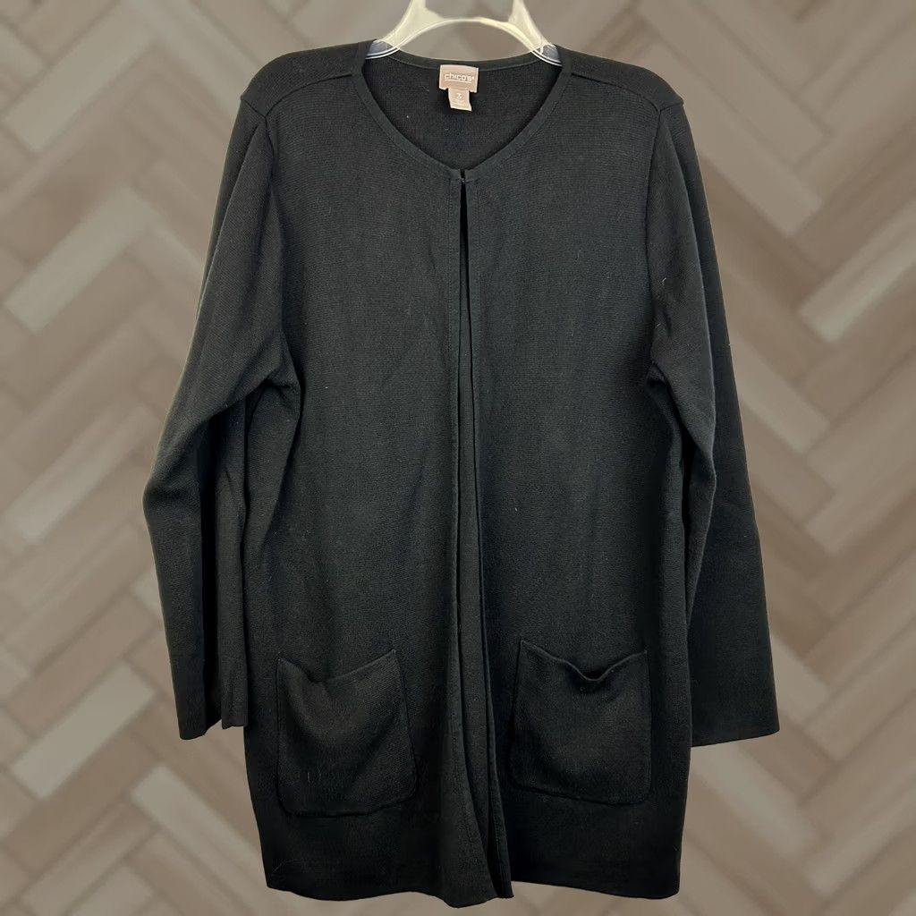 Vintage Chicos Womans Sweater Cardigan Knit L 3 Black Open Front One Hook Pocket Capsule Size L / US 10 / IT 46 - 1 Thumbnail