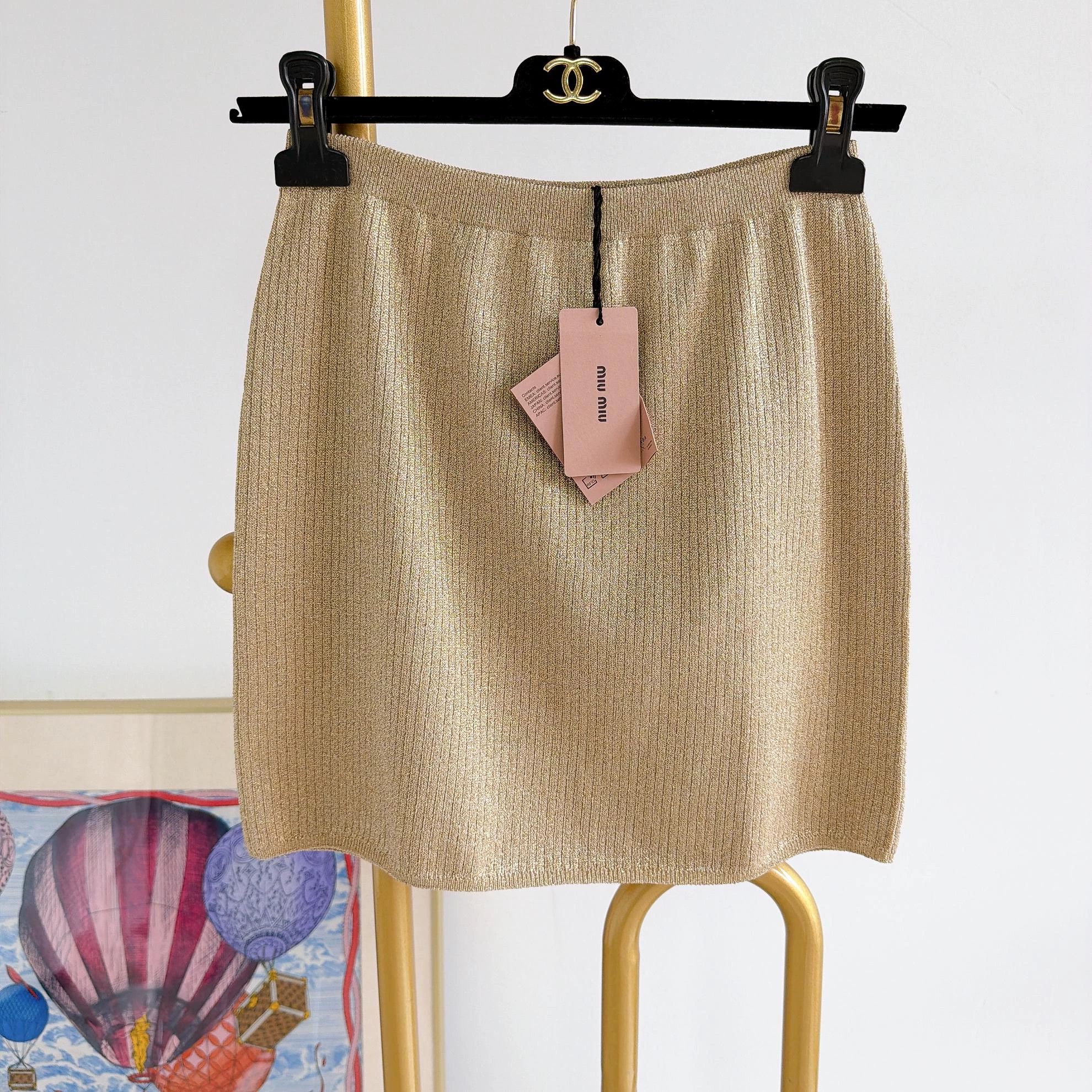 Miu Miu MIU MIU Gold Short Skirt 42 Stretchy NWT 8381 Size 28" / US 6 / IT 42 - 1 Thumbnail