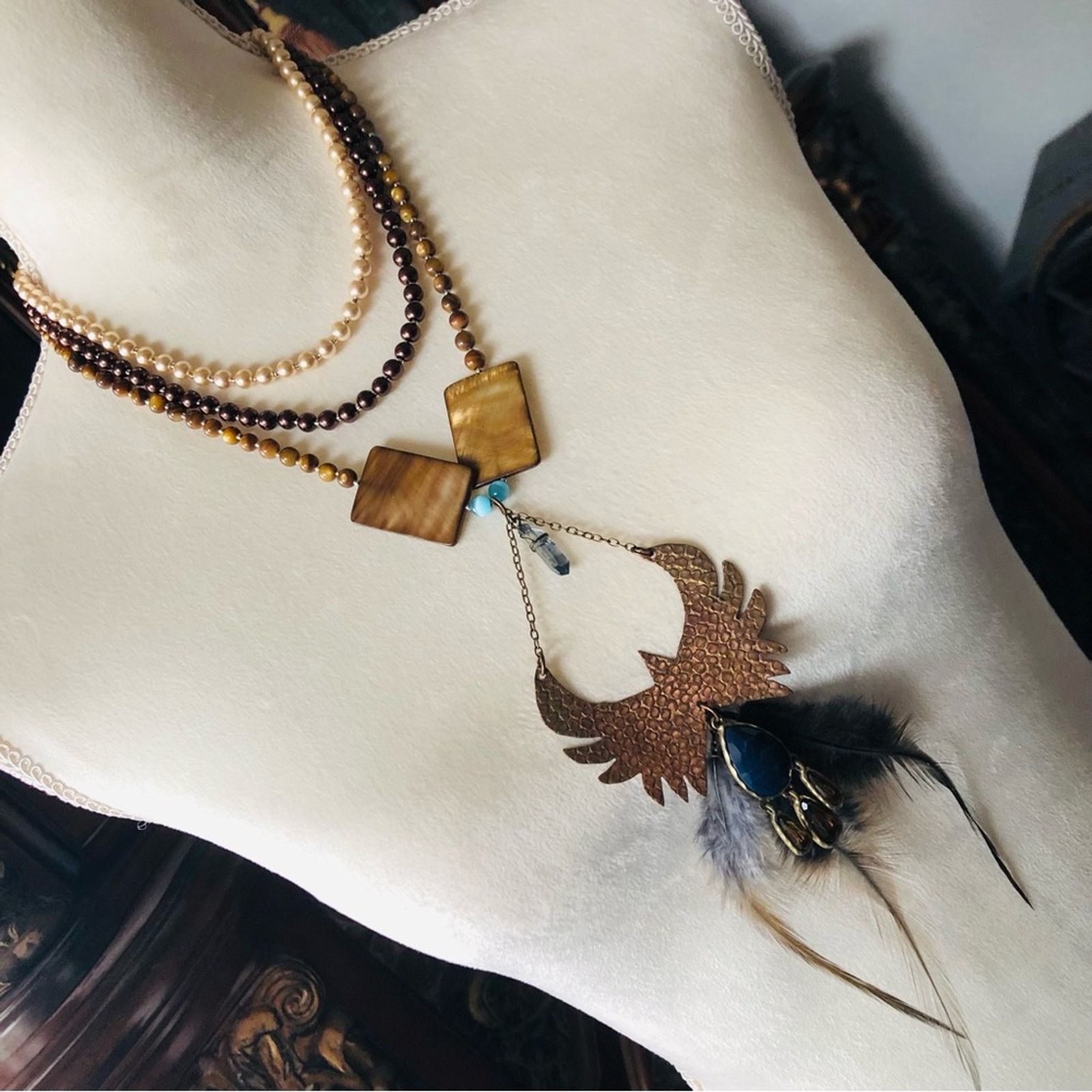 Jewelry Handcrafted copper eagle Czech Pearl tiger eye necklace Size ONE SIZE - 1 Thumbnail