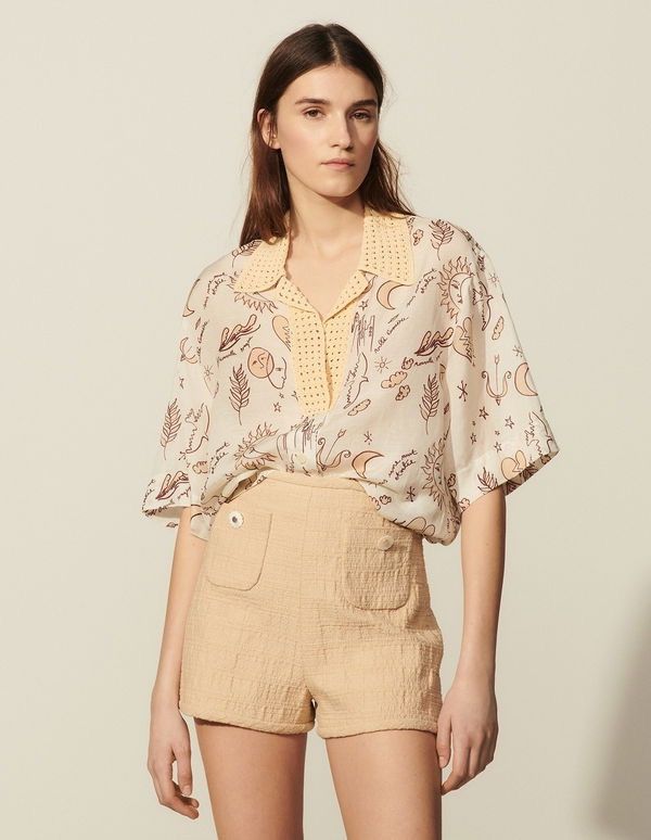 Sandro Sandro - Printed Shirt With Crochet Collar Size M / US 6-8 / IT 42-44 - 1 Thumbnail