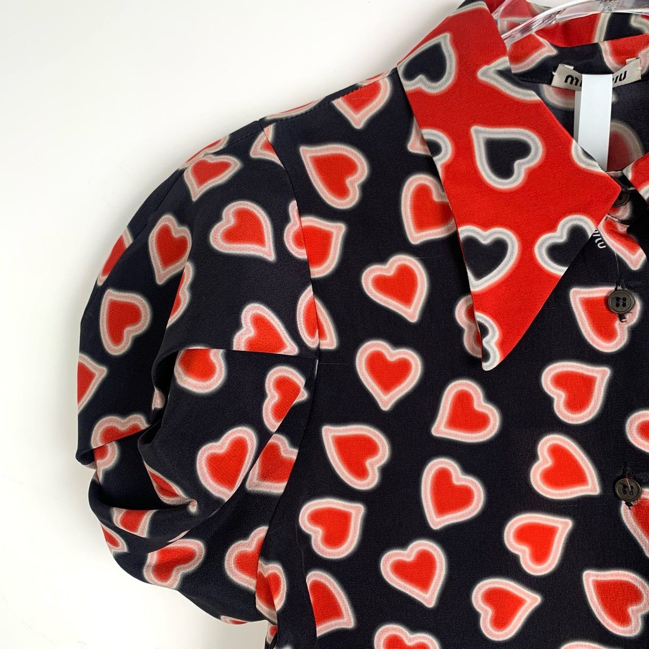 Miu Miu Miu Miu Heart Print Lapel Bubble Sleeve Short-Sleeve Shirt Size XS / US 0-2 / IT 36-38 - 3 Thumbnail
