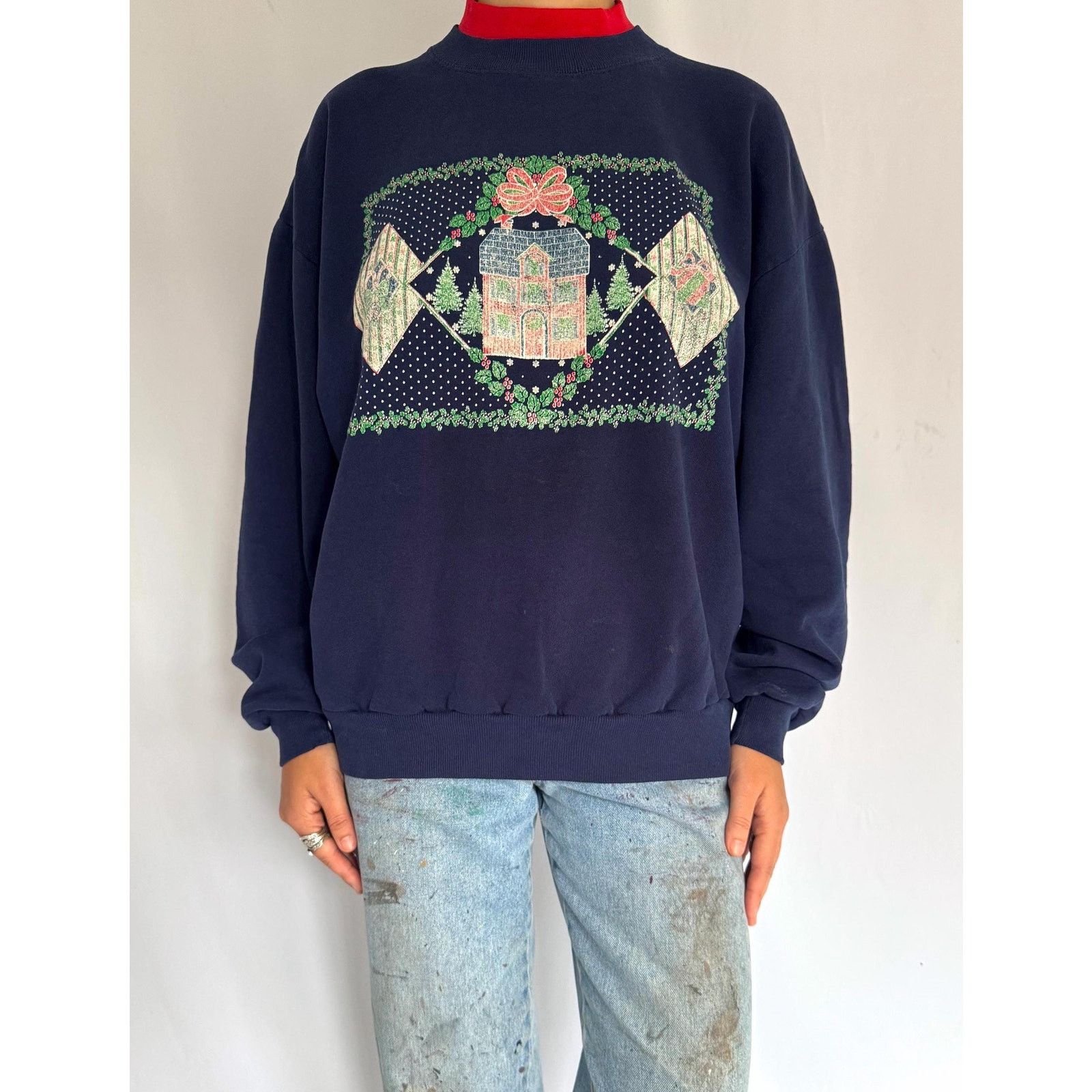 Jerzees 90s vintage blue winter holiday graphic pullover sweatshirt Size L / US 10 / IT 46 - 2 Thumbnail