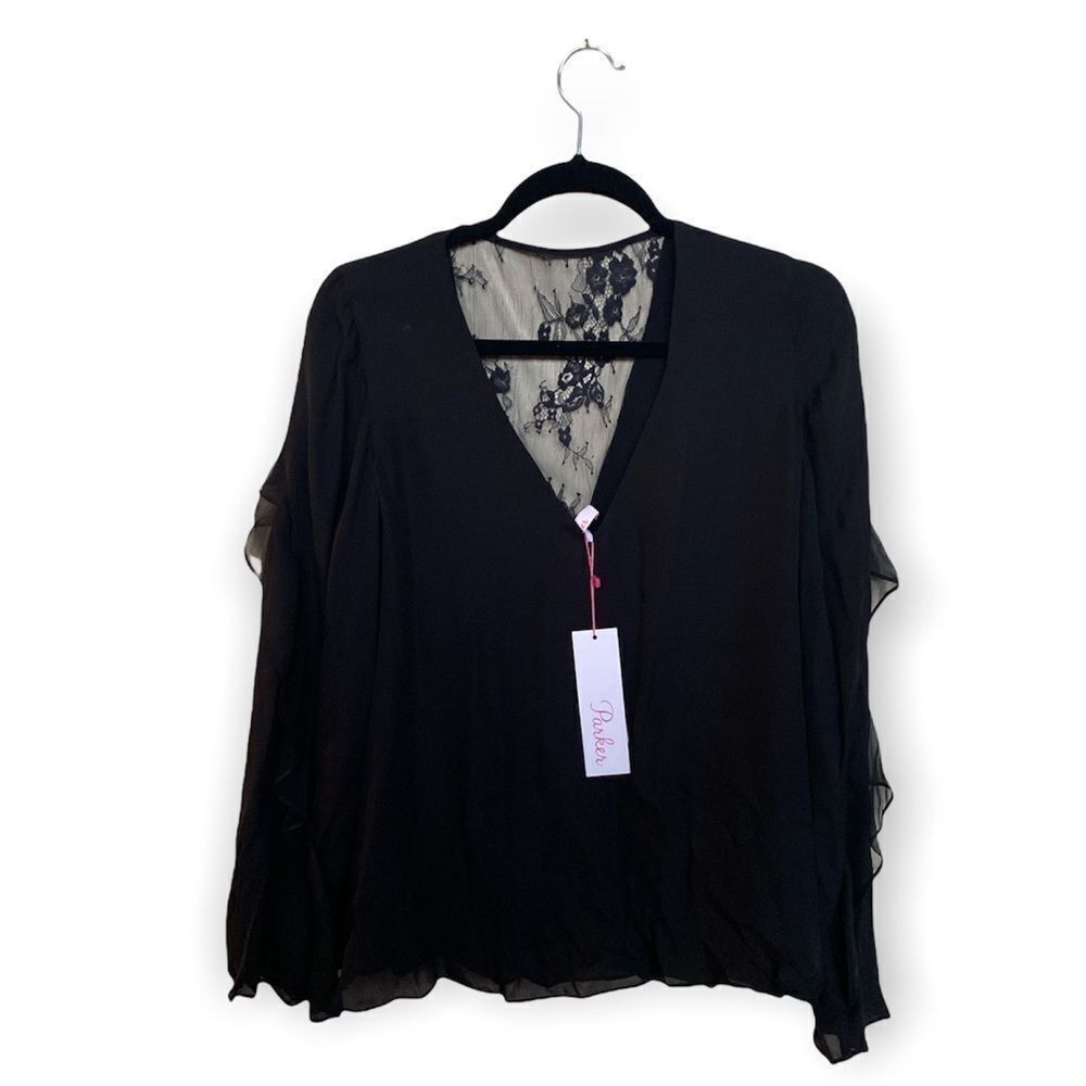 Parker Parker Silk Black Blouse | Ruffled Flowy Sleeves | Lace Back Size S / US 4 / IT 40 - 2 Thumbnail
