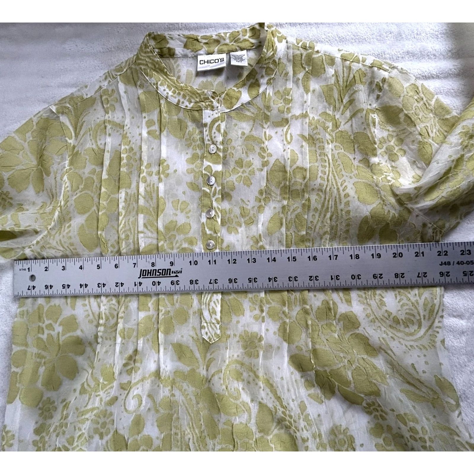 Vintage Chico's Sheer Floral Button-Front Blouse Mandarin Collar Sz 2 Green Linen Blend Size XS / US 0-2 / IT 36-38 - 6 Thumbnail