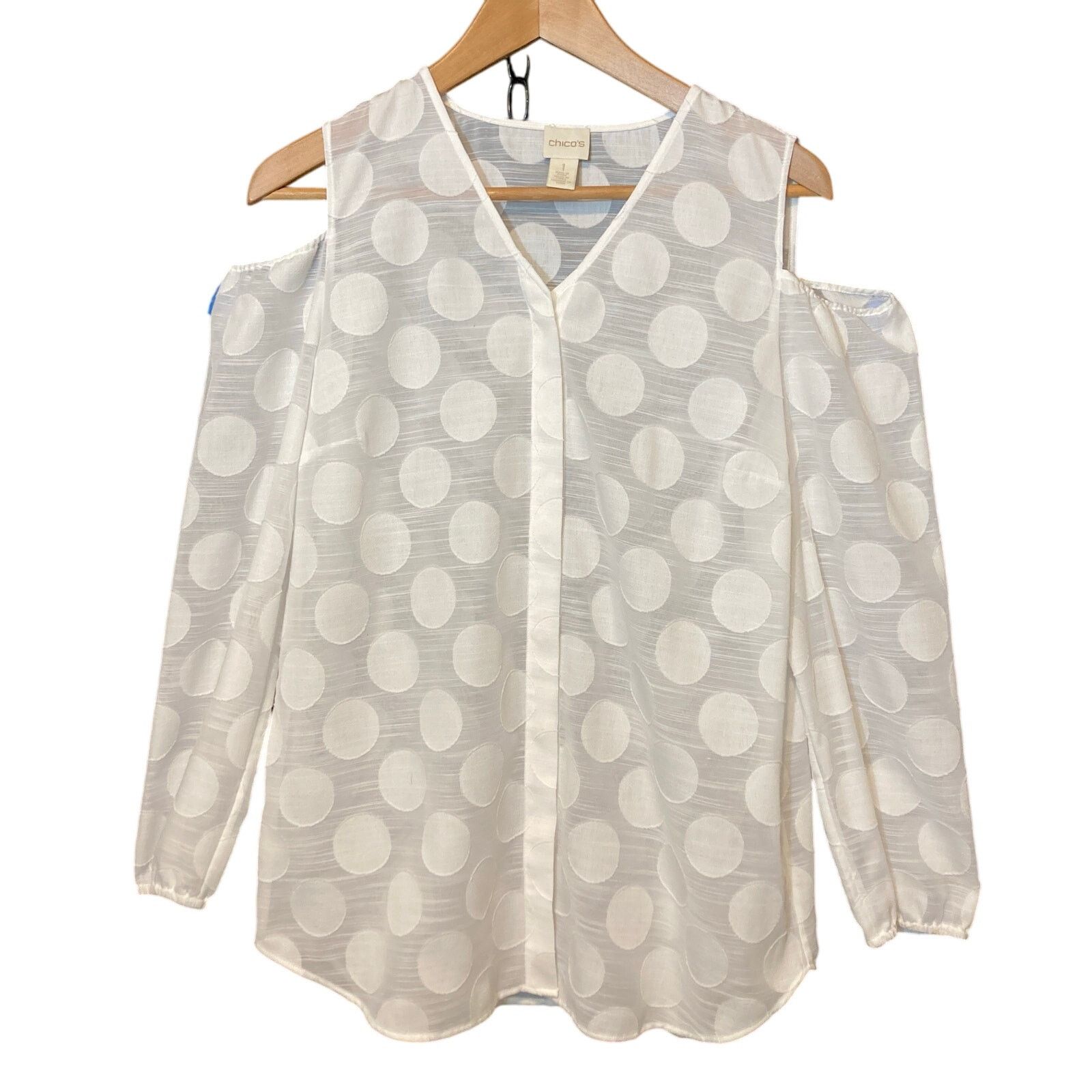 Chicos Chicos Sheer White Polka Dot Button Cold Shoulder Blouse Top Size M / US 6-8 / IT 42-44 - 1 Thumbnail