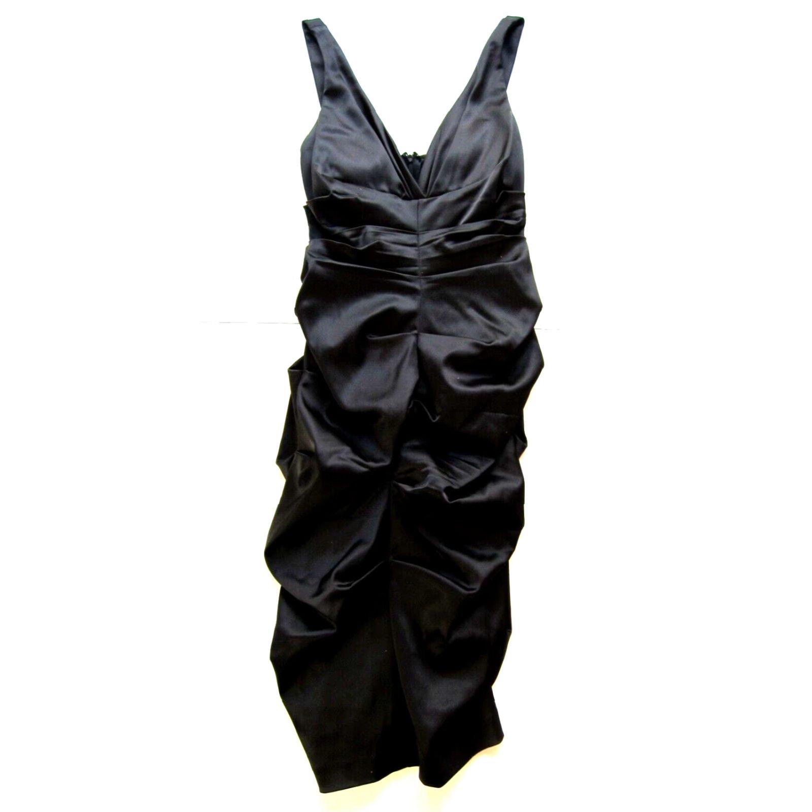 Vintage VINTAGE Xscape Joanna Chen Black Satin Stretch Ruched V-Neck Bodycon Party Prom Dress 8 Size M / US 6-8 / IT 42-44 - 2 Thumbnail