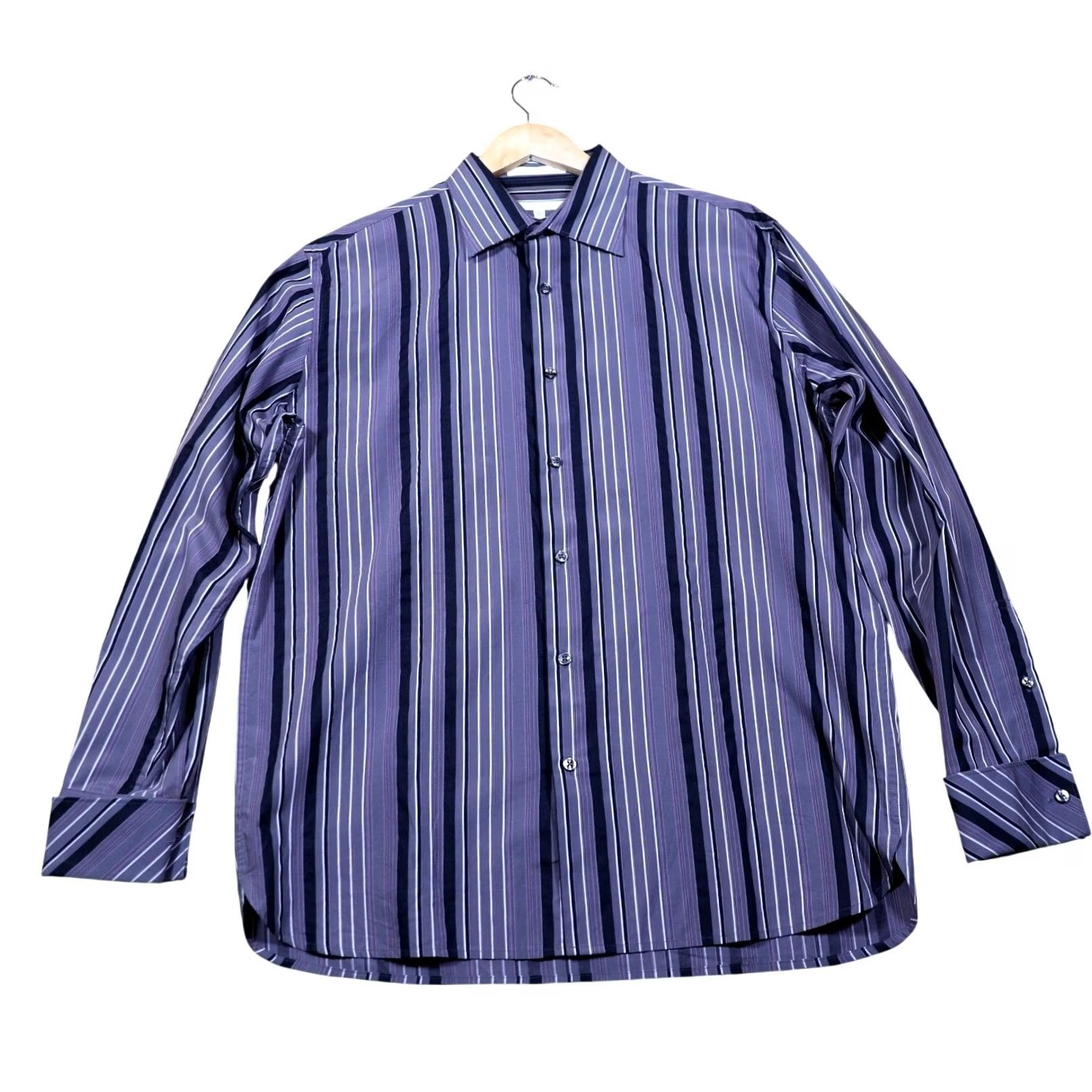 Perry Ellis Perry Ellis Mens L Striped Button Down Long Sleeve Dress Shirt Purple Size 42R - 5 Thumbnail