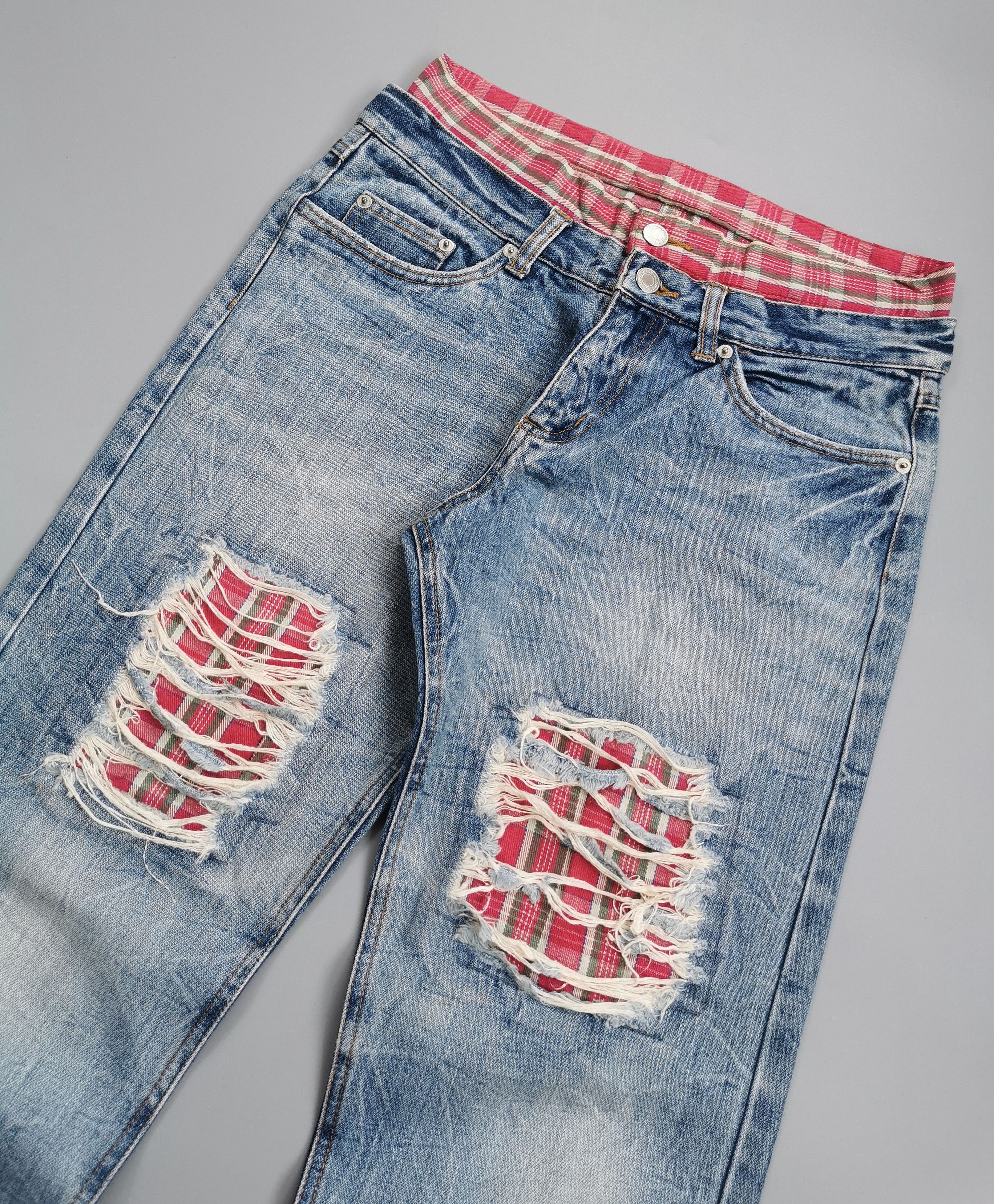 Hysteric Glamour Japan Brand Double Waist Plaid Patch Distressed Denim Jeans Size US 28 / EU 44 - 4 Thumbnail