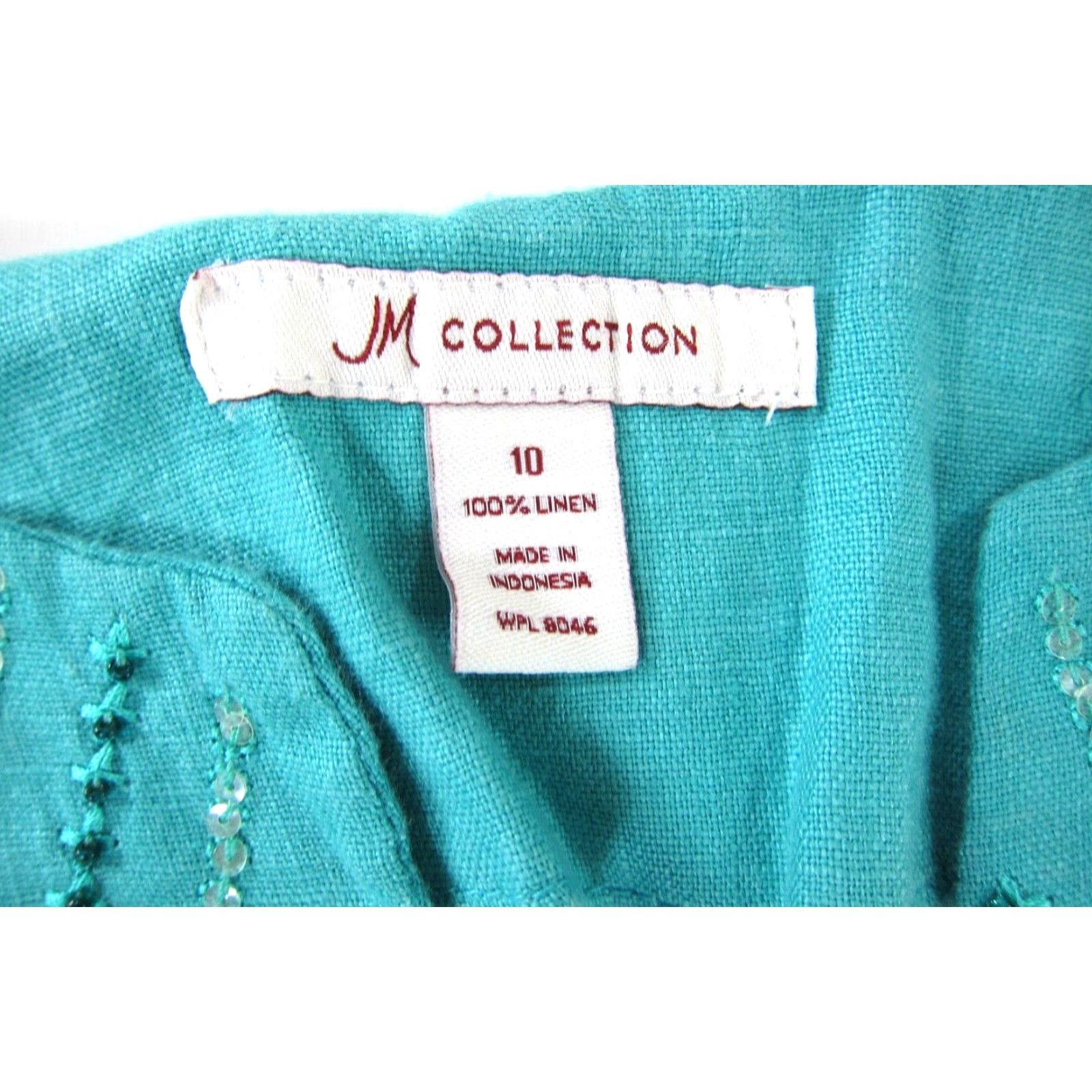 JM Collection JM Collection Beaded Teal Blue 100% Linen 3/4 Sleeve Tunic Blouse 10 Women Peasant Shirt Blouse Size L / US 10 / IT 46 - 3 Thumbnail