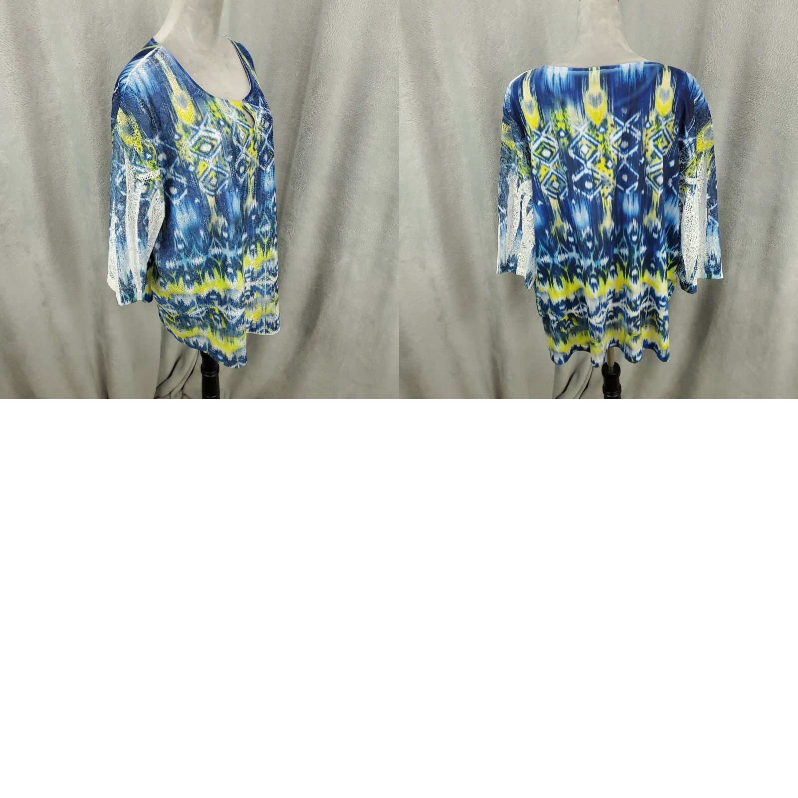 Vintage Catherines Liz & Me Top Womens 1X Blue Green Geometric Rhinestone Lightweight Tunic Blouse Casual Shirt Size XL / US 12-14 / IT 48-50 - 8 Thumbnail