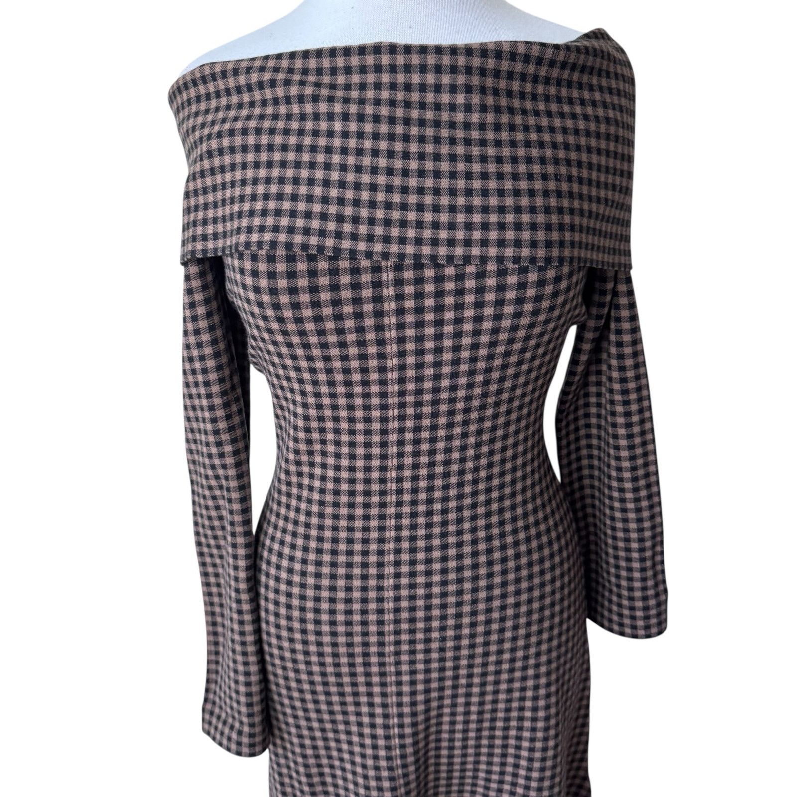 Other LE BOP Gingham Knit Off Shoulder Dress Chocolate/Black Size L / US 10 / IT 46 - 6 Thumbnail
