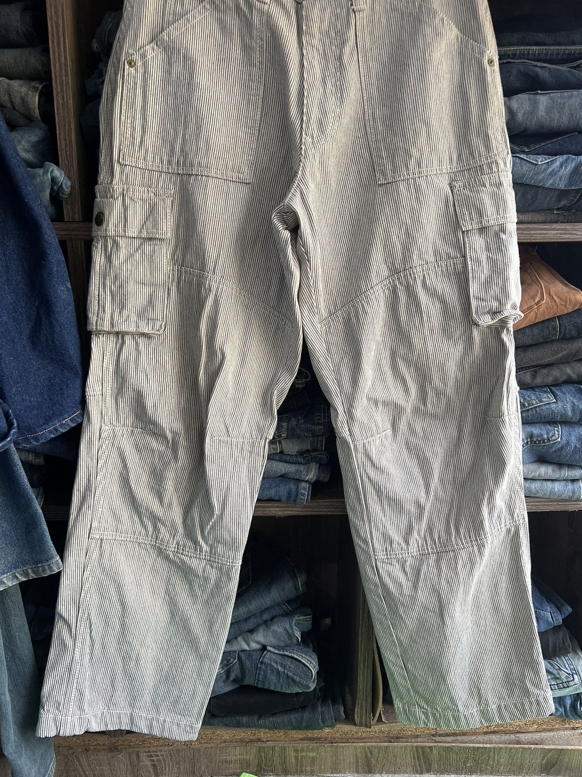 Japanese Brand 🔥Vintage Dogman Hickory Stripe Double Knees Cargo Pant Size US 32 / EU 48 - 4 Thumbnail