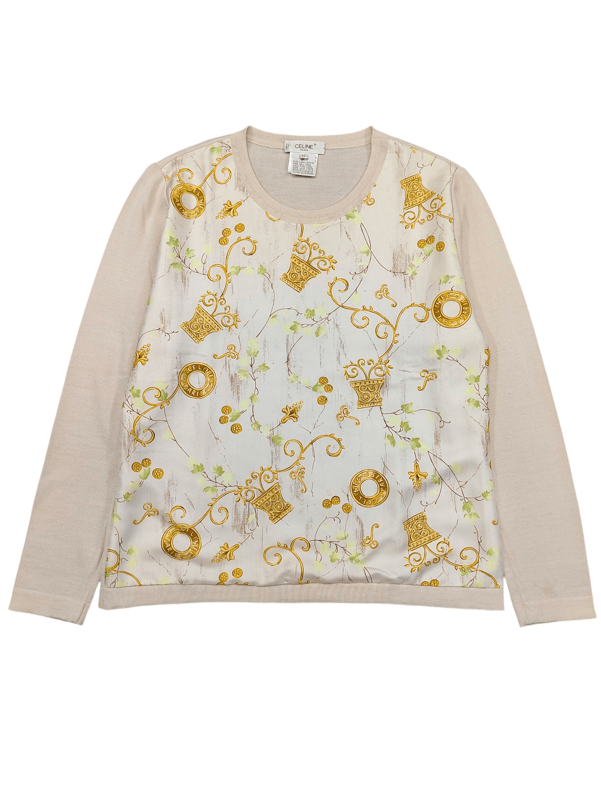 00s Celine- Silk Panel Baroque Classical Print Knit Top