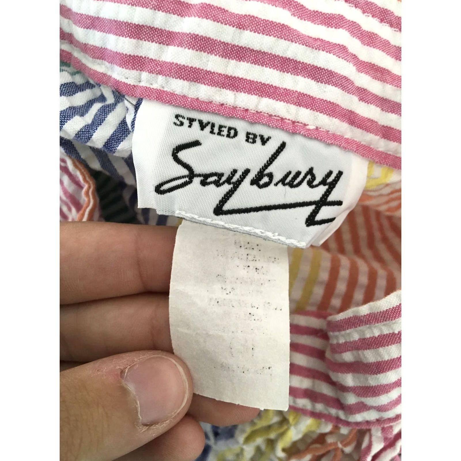 Vintage VINTAGE Saybury Seersucker Zipper Smocked Pastel Stripe House Dress M/L 80s 90s Women’s Pink Blue Yellow Green Cotton/Polyester Mid Century Size M / US 6-8 / IT 42-44 - 5 Thumbnail