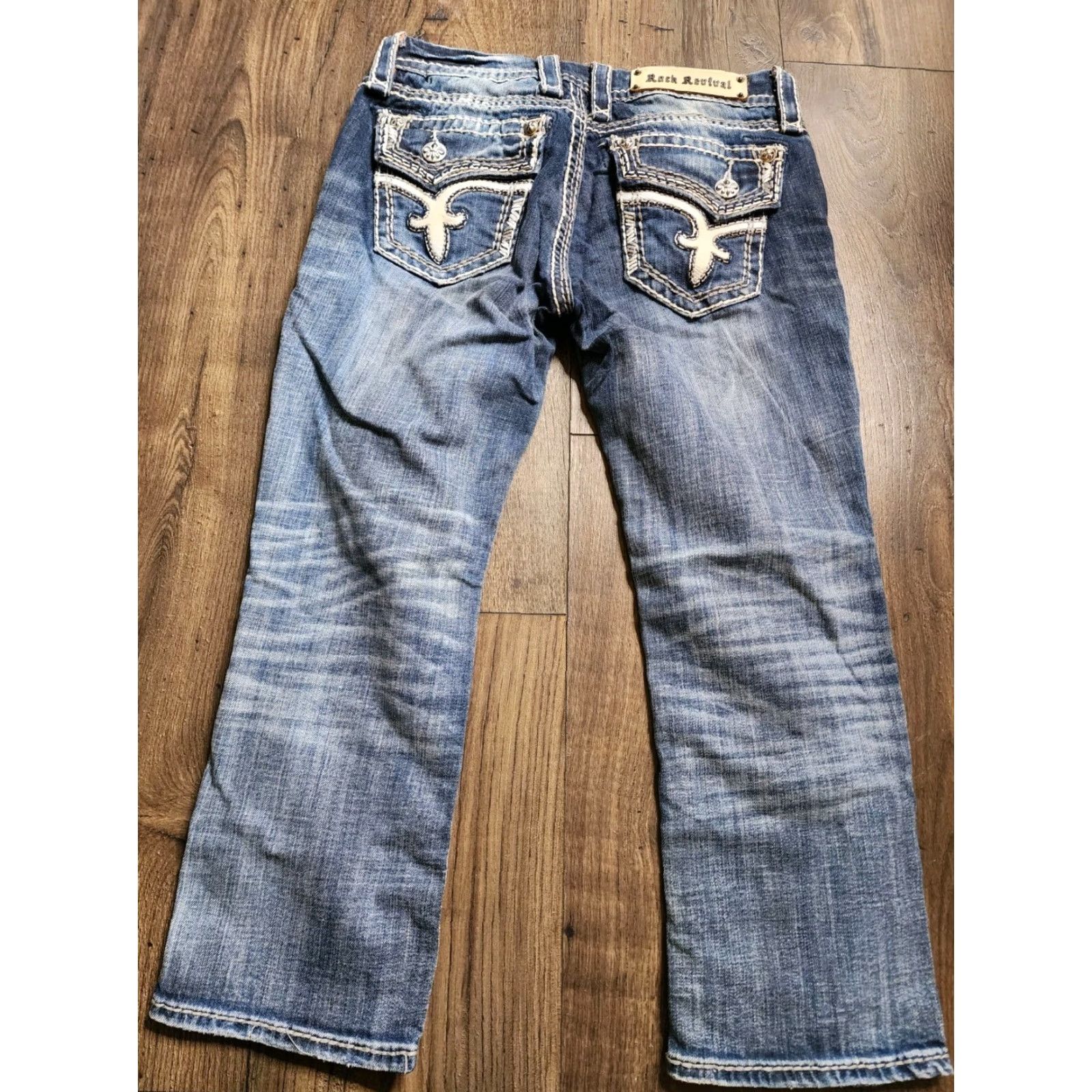 Vintage Rock Revival Kai Crop Jeans Womens 27 Blue Distressed Straight Leg Buckle Exclusive Size 27" / US 4 / IT 40 - 3 Thumbnail