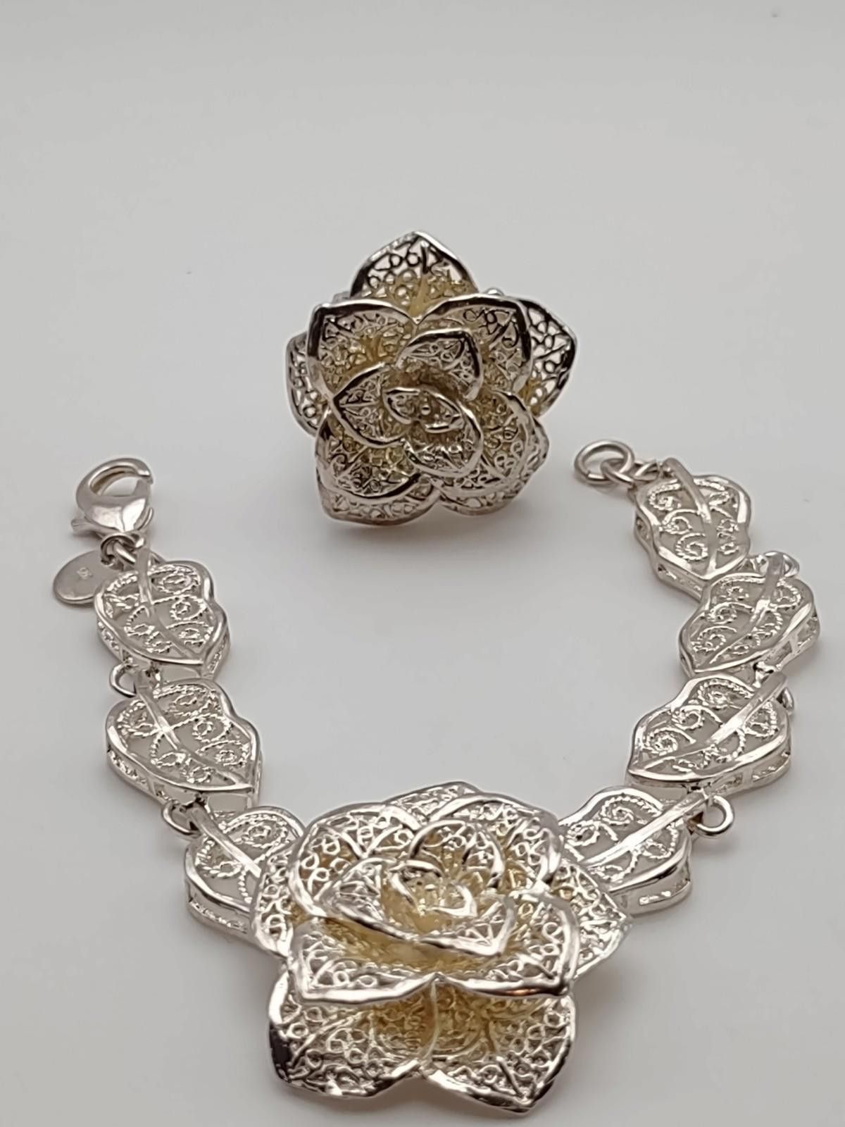 The Unbranded Brand Sterling Silver Rose Ring & Bracelet Set Floral Filigree Size ONE SIZE - 1 Thumbnail