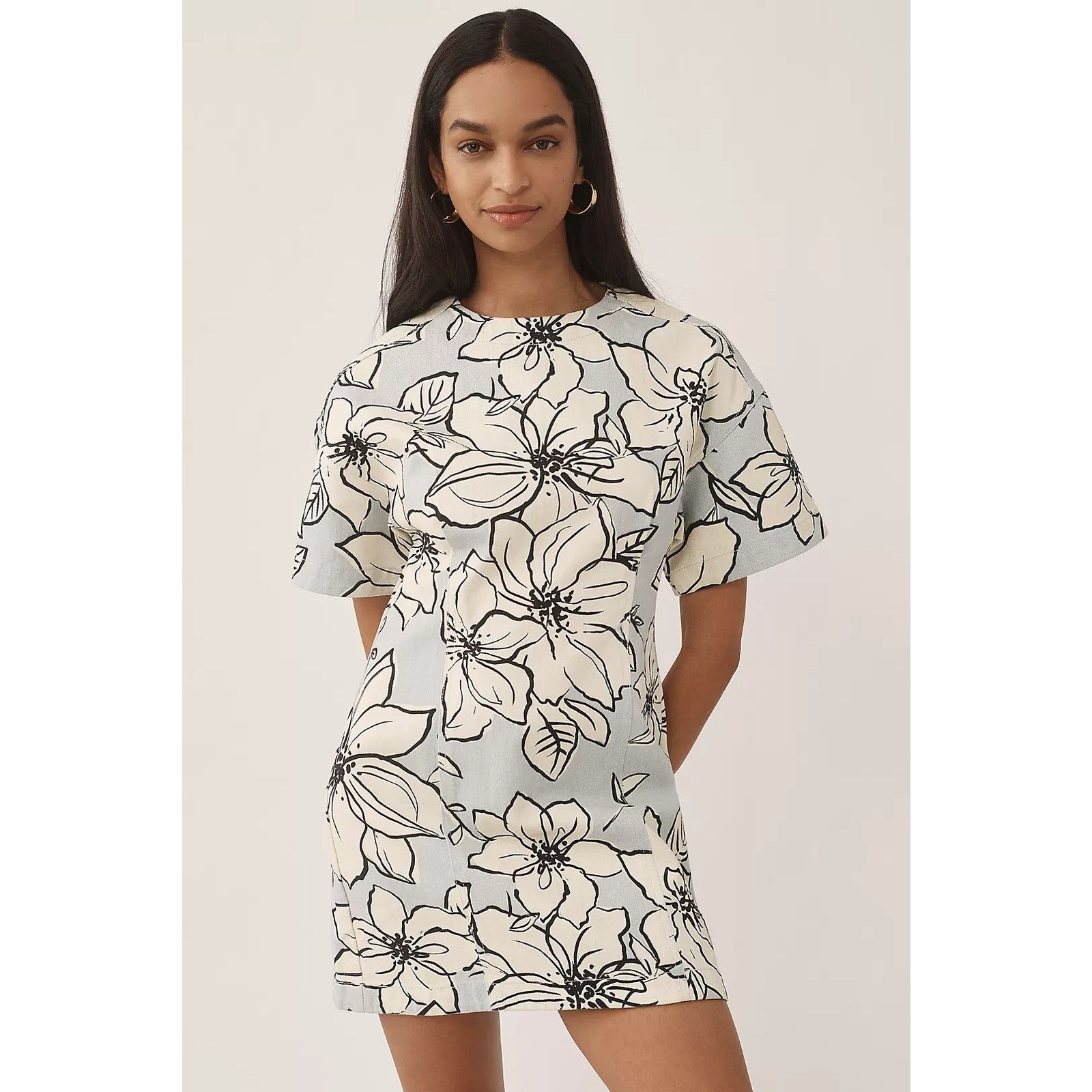 NWT Dhruv Kapoor Short-Sleeve Denim Mini Dress $168 Floral