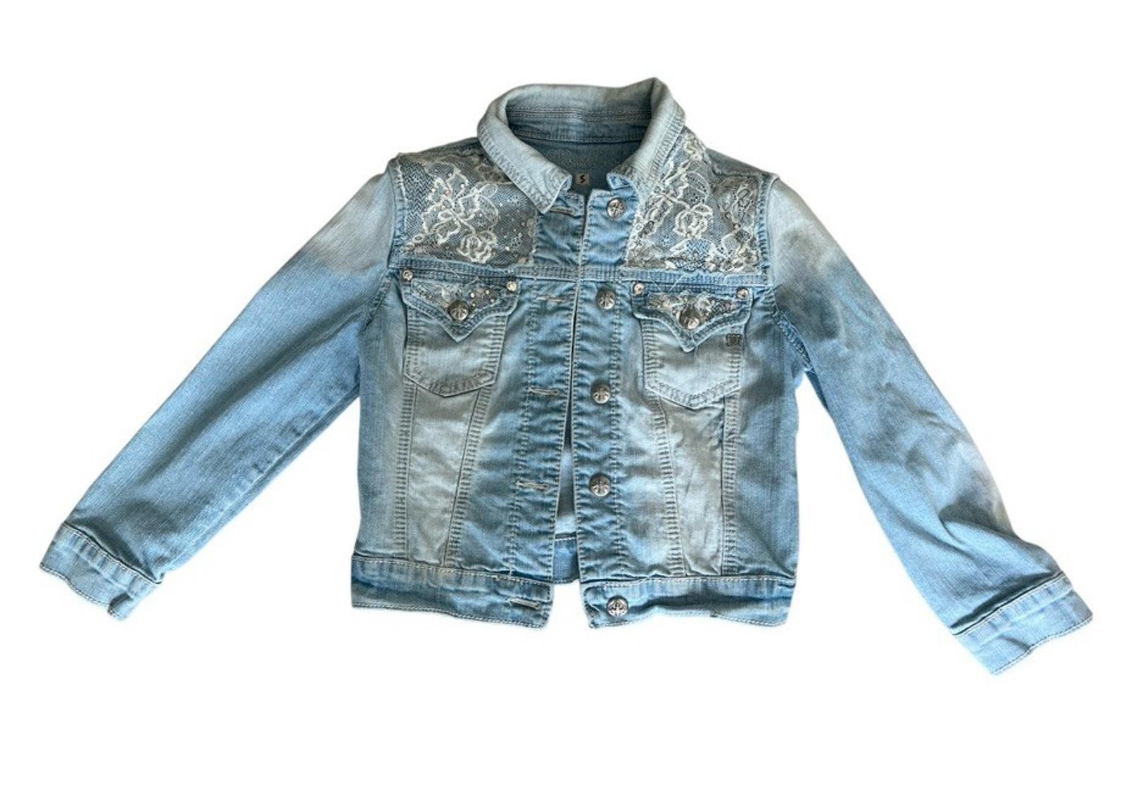 Designer Miss Me Denim Jacket Blue Jean Girls Small Lace Bling Size S / US 4 / IT 40 - 1 Thumbnail