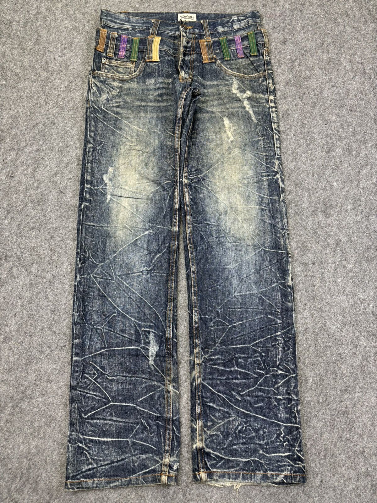Japanese Brand 💥Double Waist💥Nylaus Thunder Fades Distressed Denim F983 Size US 31 - 13 Thumbnail
