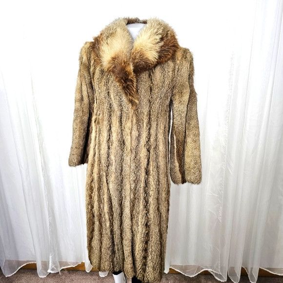 image of Non Signe Unsigned Real Fur Brown Beaver Coat With Fluffy Collar in Brown Tan, Women's (Size Small)