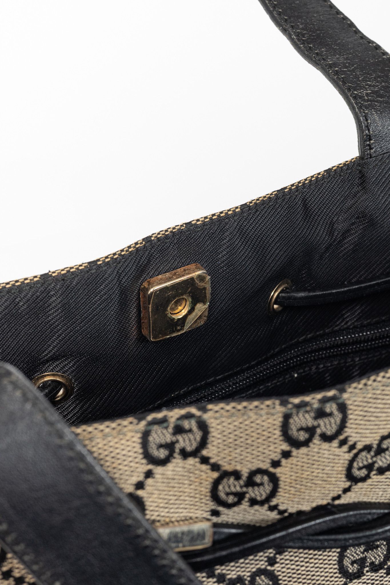 Gucci Gucci Khaki GG Canvas Black-Leather Drawstring Tote Size ONE SIZE - 10 Thumbnail