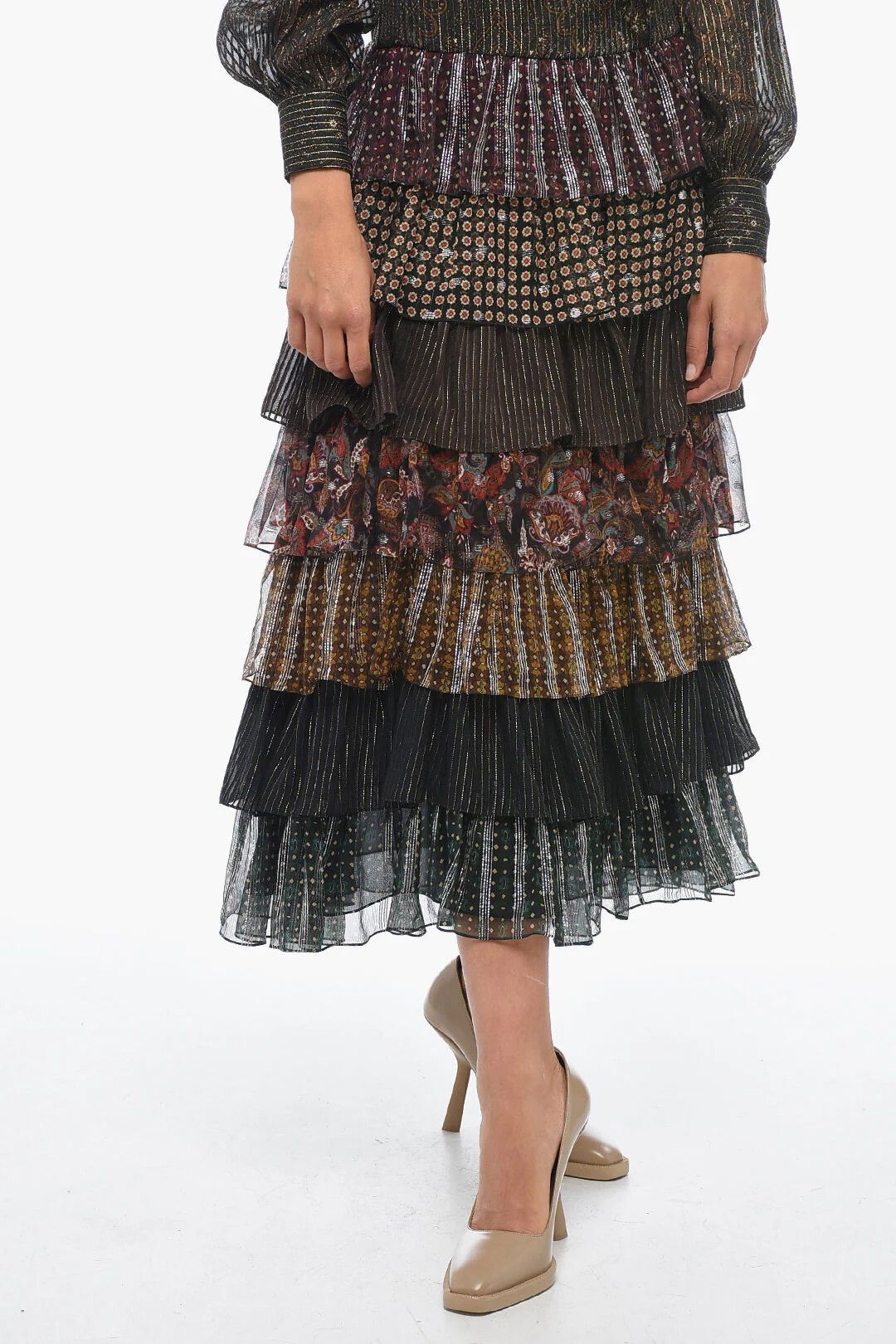 Celine og1mm0326 Tie-Neck Silk-Blend Ruffle Dress in Multicolor Size M / US 6-8 / IT 42-44 - 4 Thumbnail