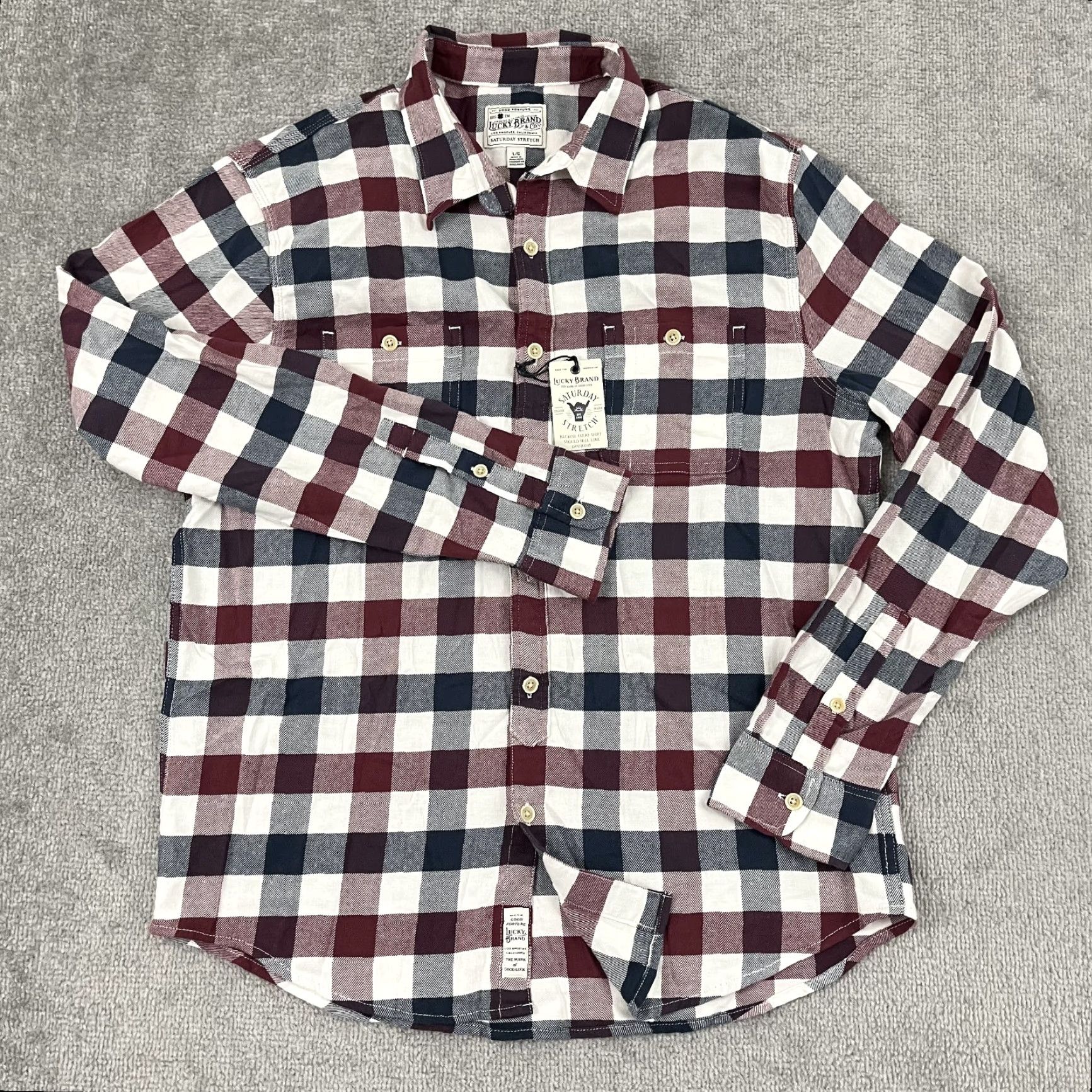 Lucky Brand Lucky Brand Flannel Shirt Mens Large Red White Blue Plaid Button Up Stretch NEW Size US L / EU 52-54 / 3 - 4 Thumbnail