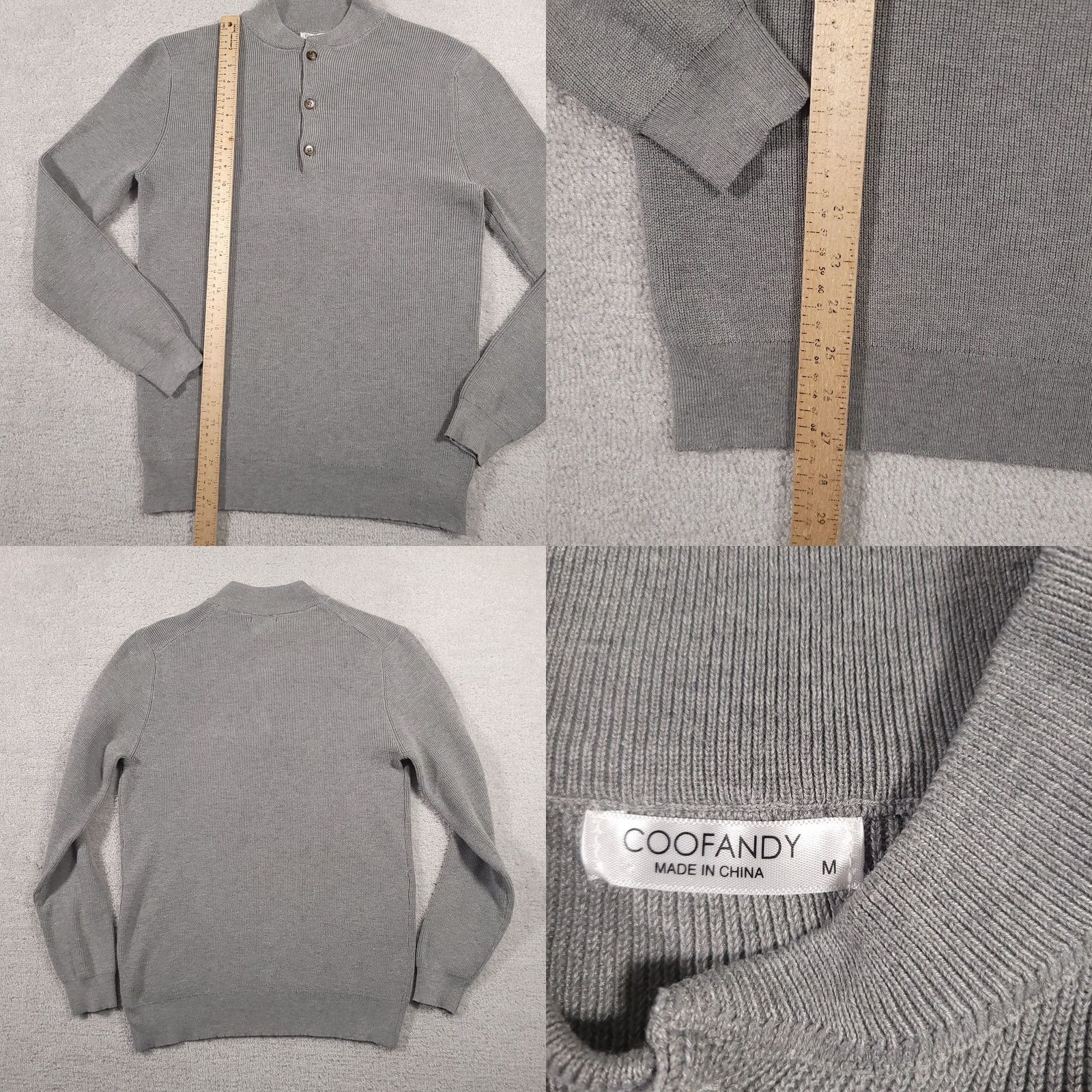 Vintage CooFandy Sweater Mens Medium Gray Ribbed 1/4 Button Long Sleeve Knit Men Slim M Gray Knit Pullover Christmas Snowflake Holiday Winter Mens Size US M / EU 48-50 / 2 - 8 Thumbnail