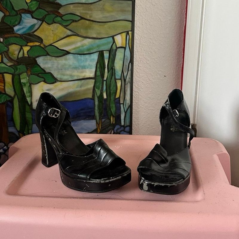 Other high lights black pleather strappy platform sandals heels Size US 7 / IT 37 - 1 Thumbnail