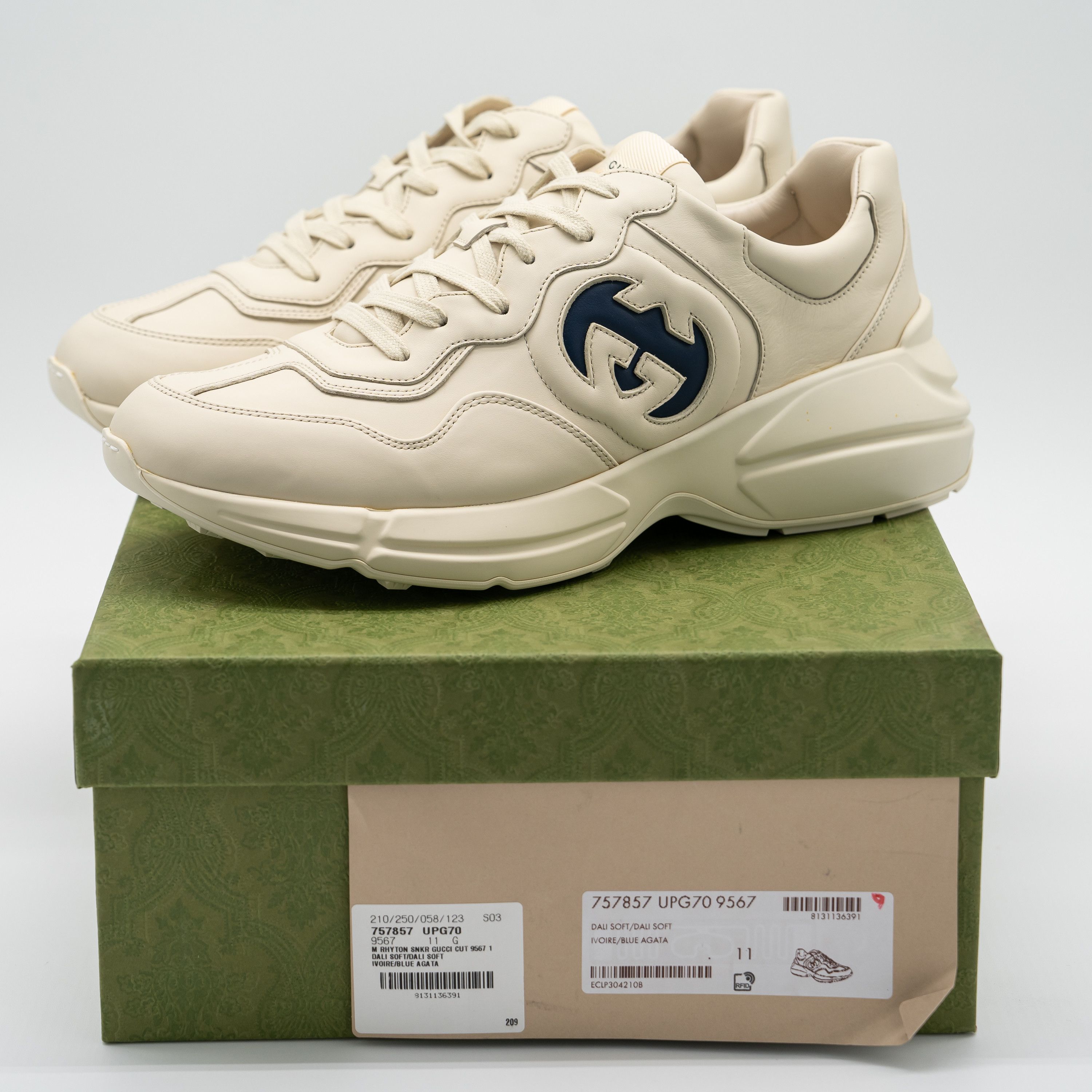 Gucci Gucci Rhyton Ivory Blue GG Cut Out Logo Leather Sneakers Size US 11.5 / EU 44-45 - 14 Thumbnail
