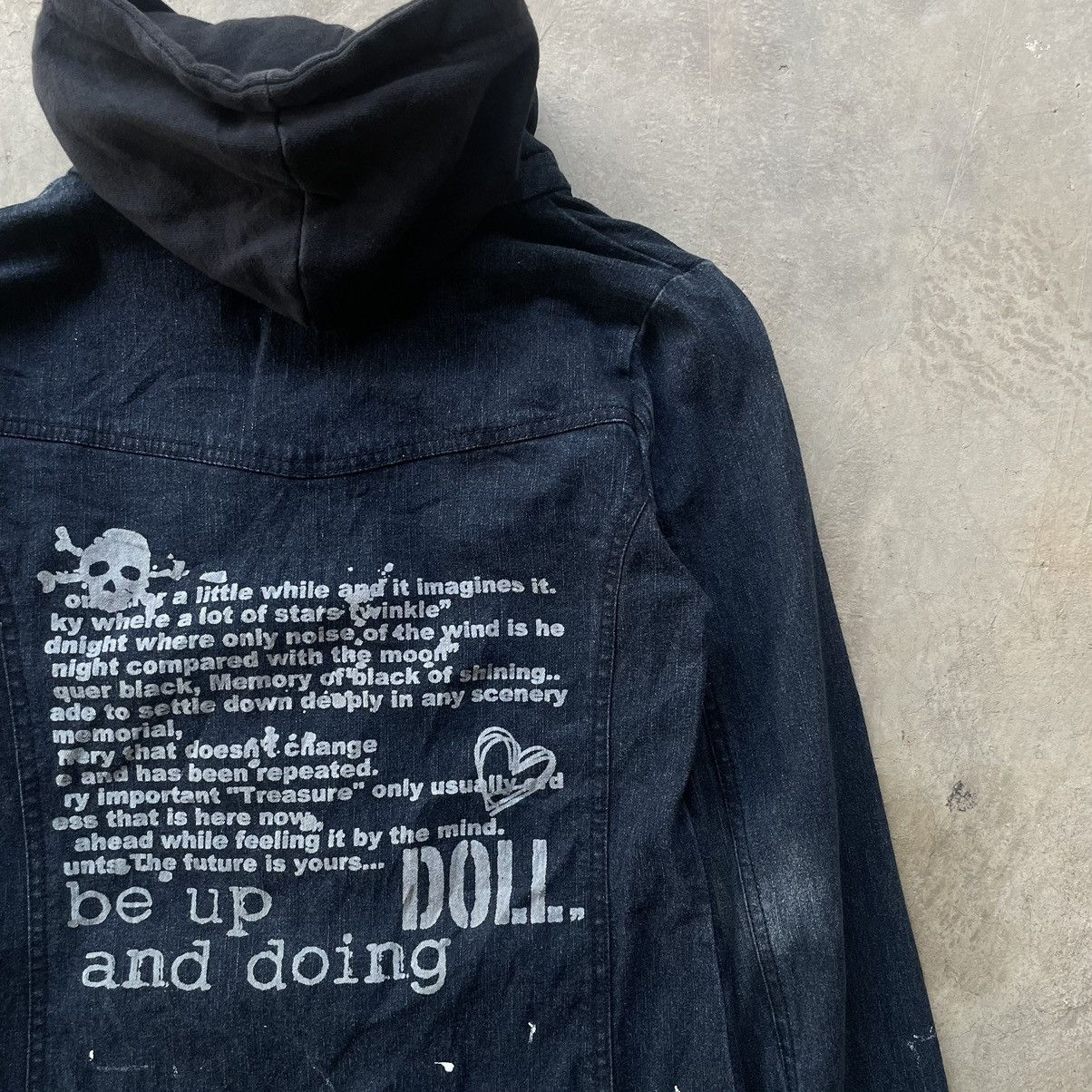 14th Addiction 2000s LIZ LISA DOLL GOTHIC PUNK SKULL POEM JACKET DENIM HOOD Size XS / US 0-2 / IT 36-38 - 14 Thumbnail