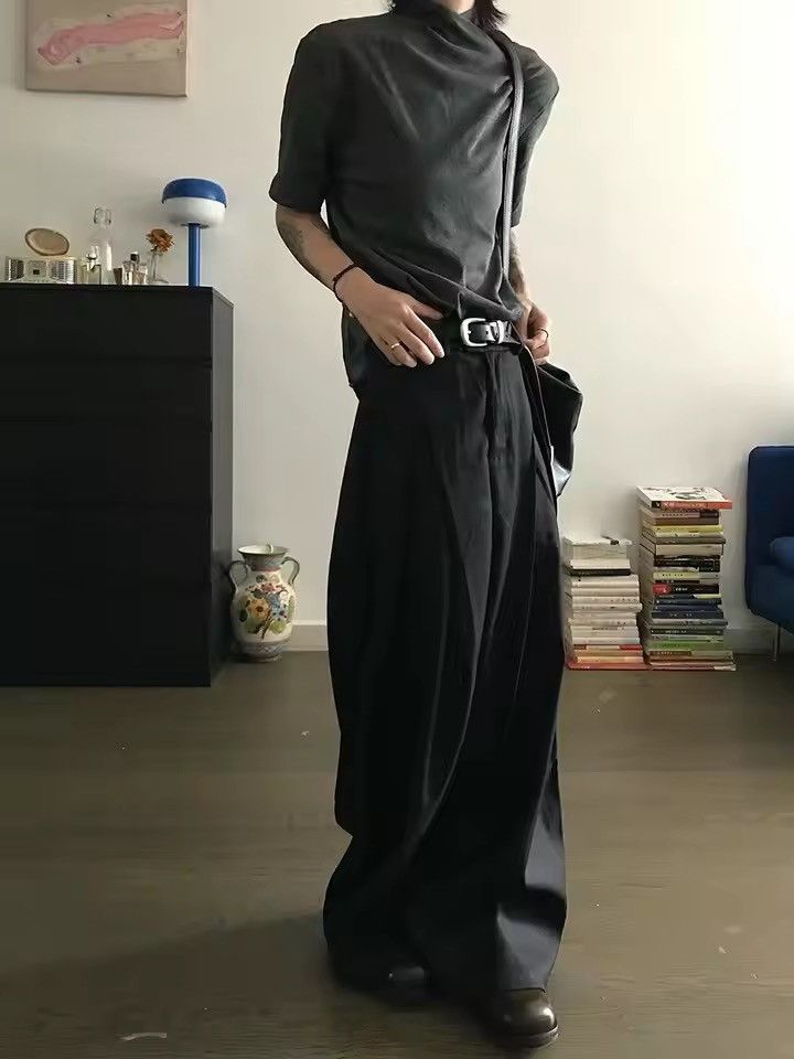 Japanese Brand Black Stacked Flare Pants, Wide Leg Loose Cleanfit Trousers Size US 28 / EU 44 - 2 Thumbnail