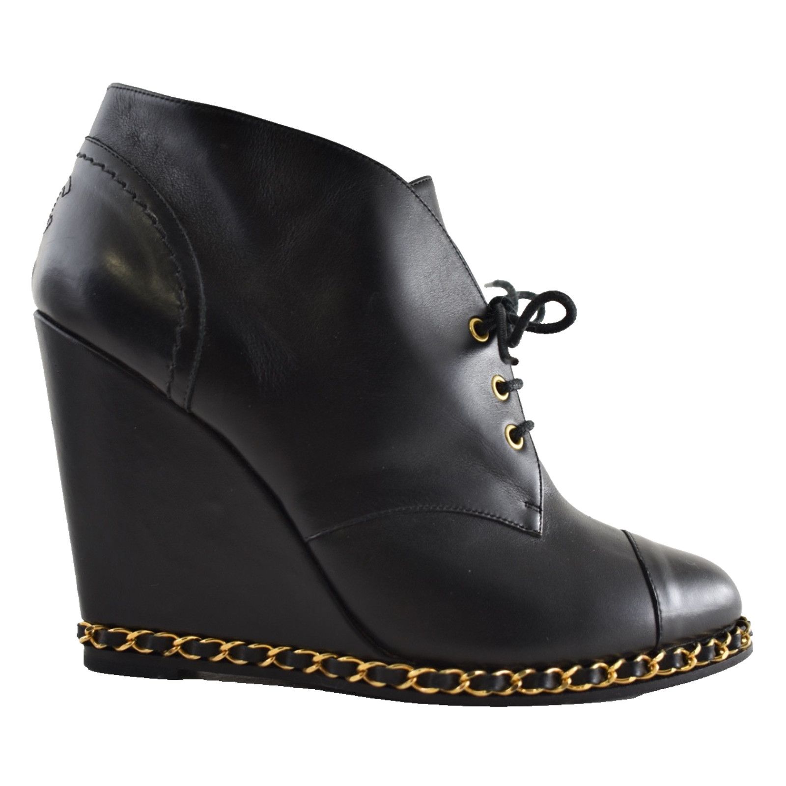 Chanel Chanel Black Leather Chain CC Lace Up Ankle Wedge Boot 38.5 Size US 8.5 / IT 38.5 - 1 Thumbnail