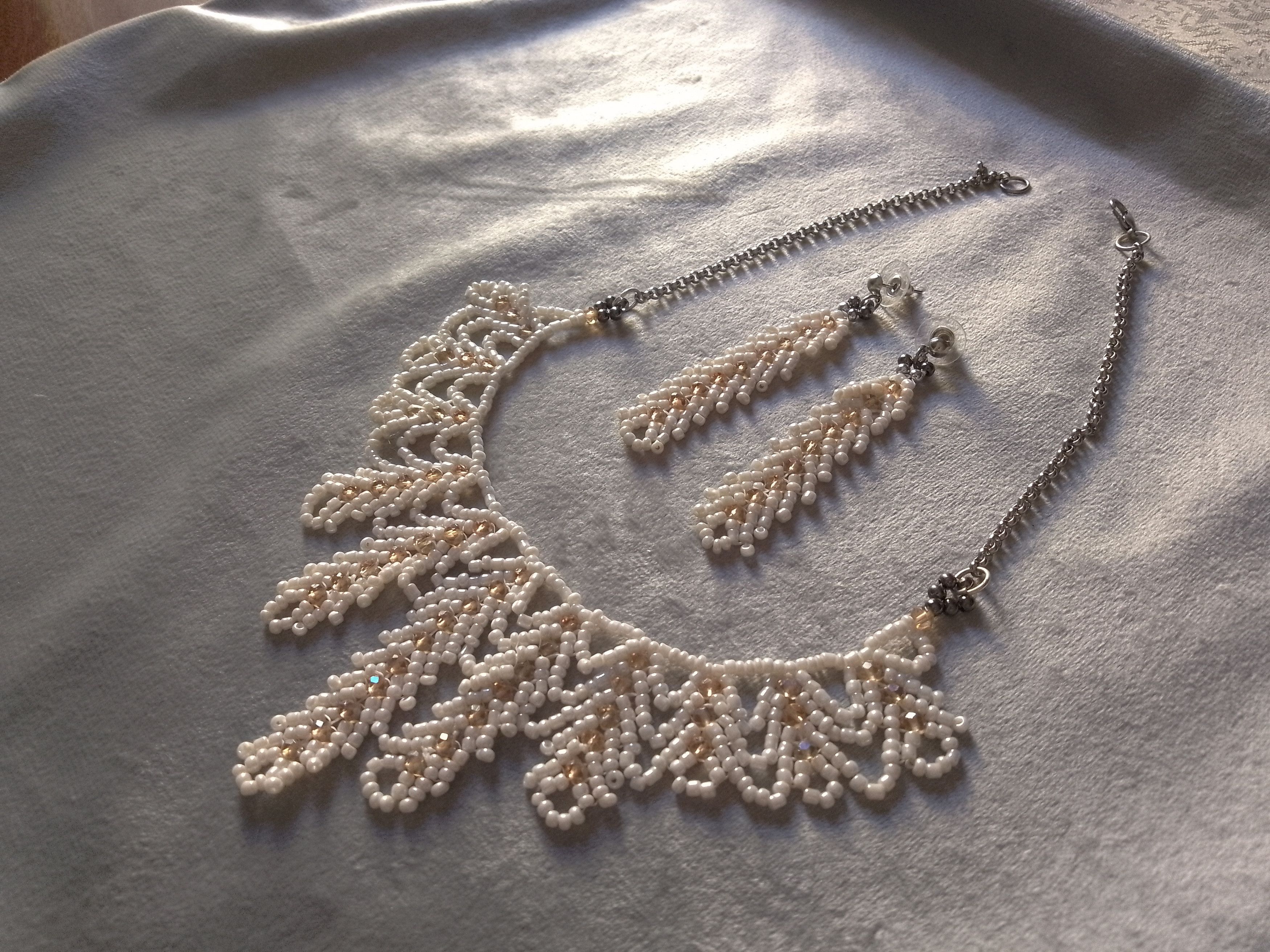 Handmade Necklace Ivory Elegant Wedding Embroidered Crystals Earrings Size ONE SIZE - 6 Thumbnail