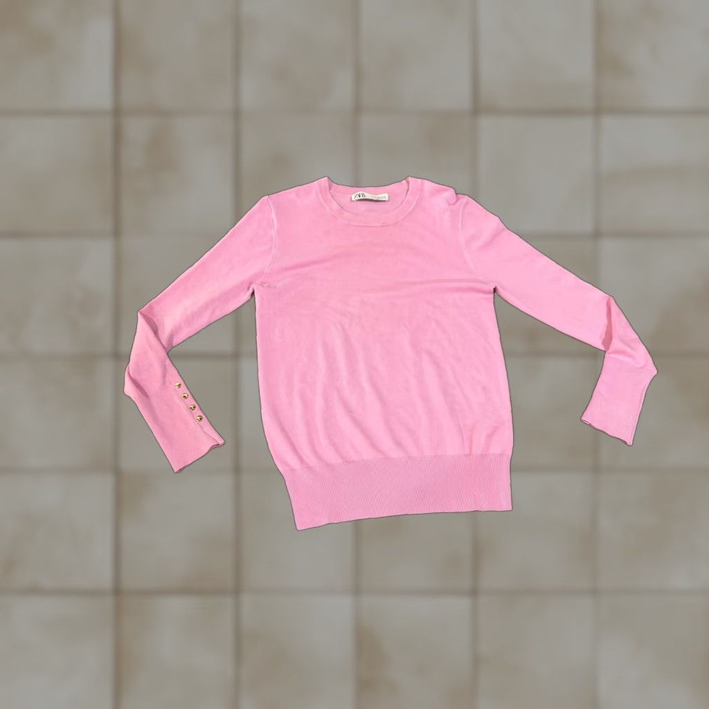 Zara Zara Sweater Womens Medium Pink Crewneck Gold Button Cuff Pullover Knit Size M / US 6-8 / IT 42-44 - 1 Thumbnail