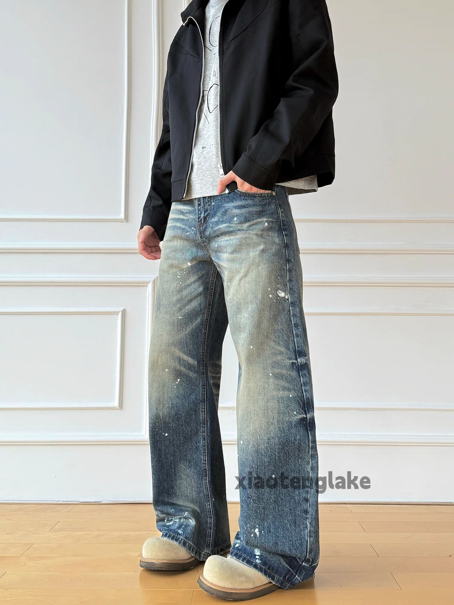 Jean xtl faded distressed wide Leg loose baggy paint jeans Size US 33 - 4 Thumbnail