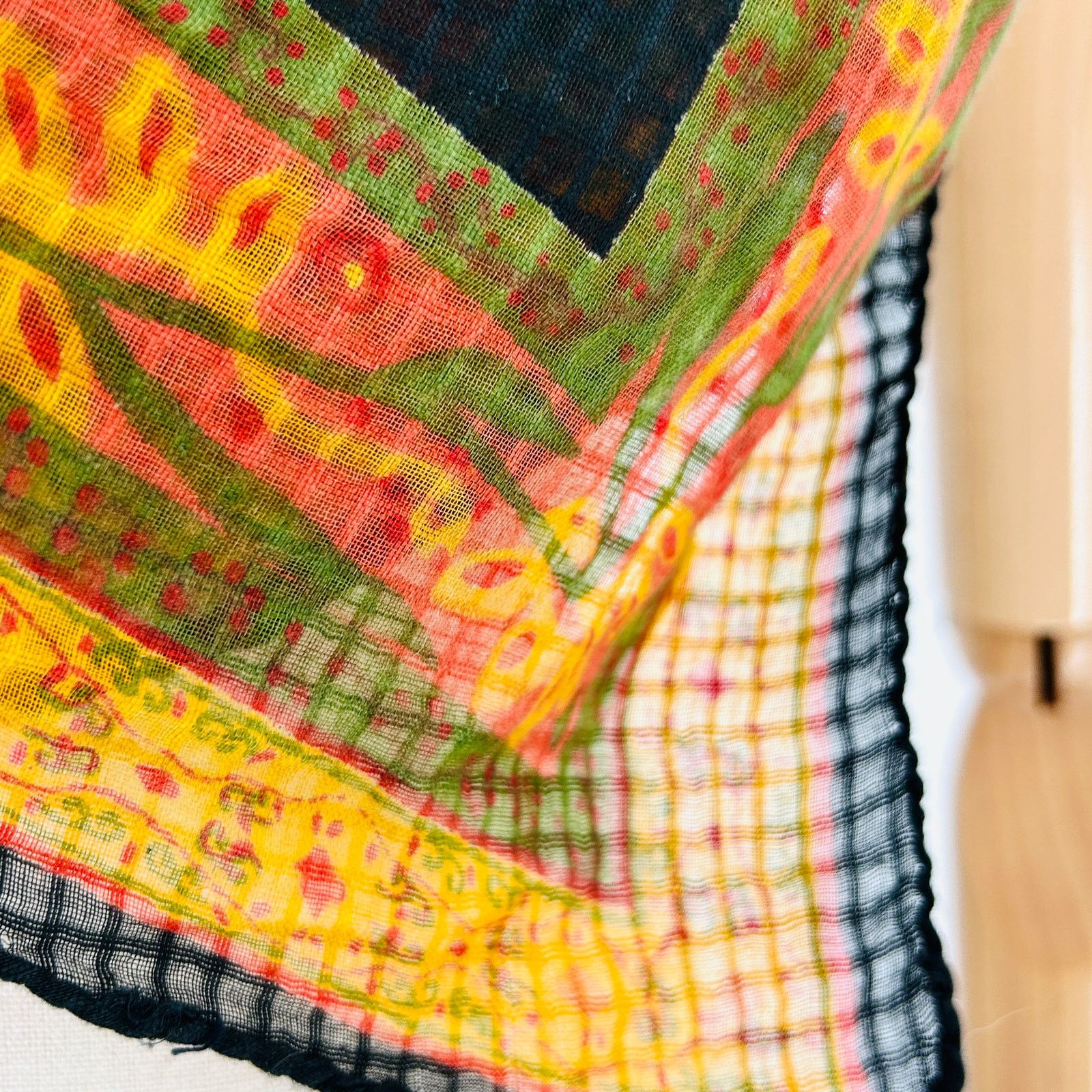 Vintage Vintage 70s Black Yellow Floral Handrolled Cotton Scarf Size ONE SIZE - 4 Thumbnail
