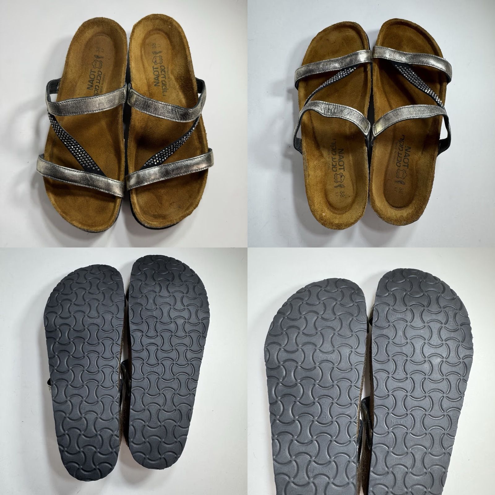 Vintage Naot Women’s Sandal Leather Strap Rhinestone Flat Rubber Hook & Loop 7 Silver 37 Women’s Size US 7 / IT 37 - 8 Thumbnail
