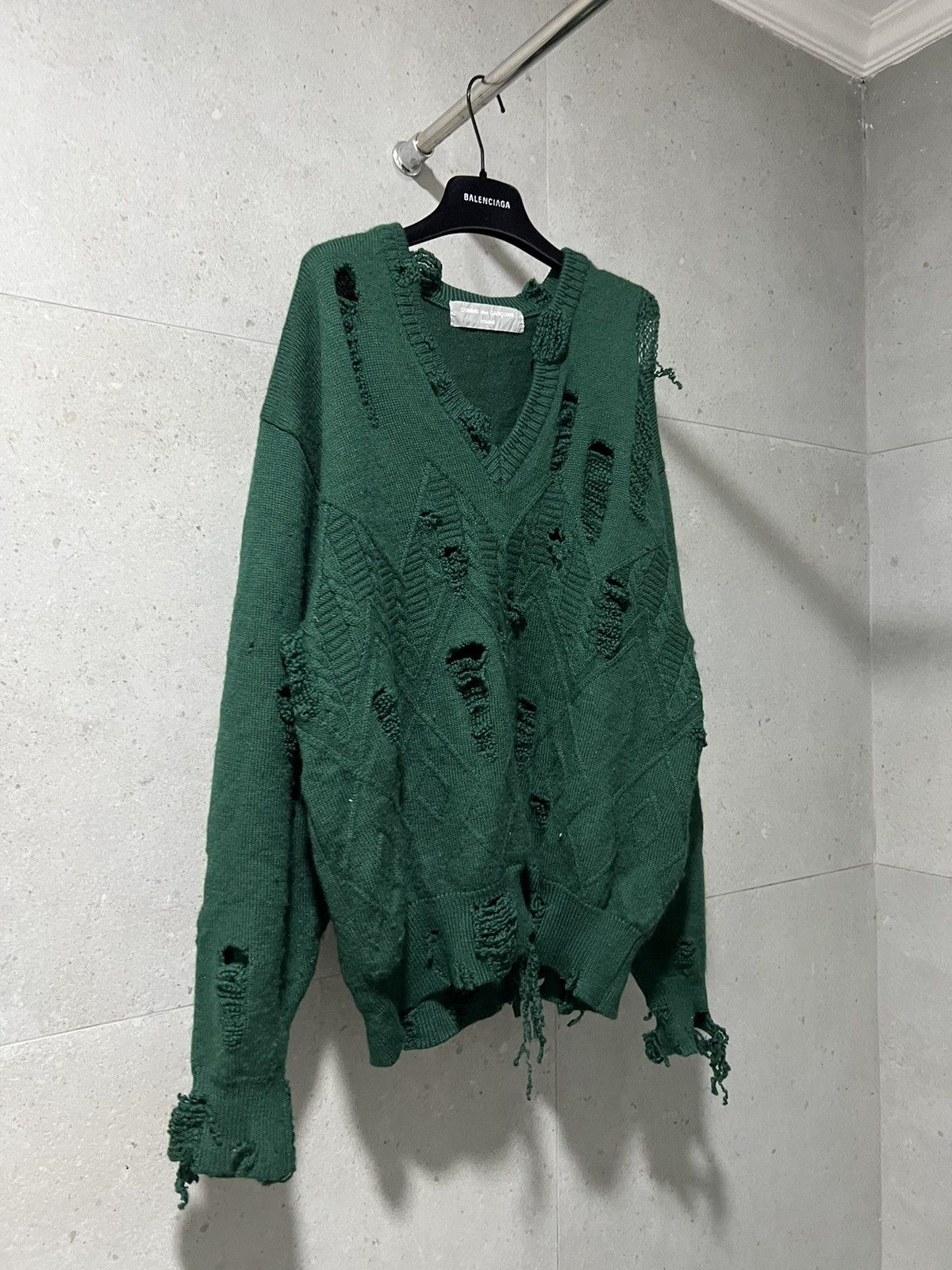 image of A/w 1990 Comme Des Garcons Distressed Grunge Punk Sweater in Forest Green, Men's (Size Large)