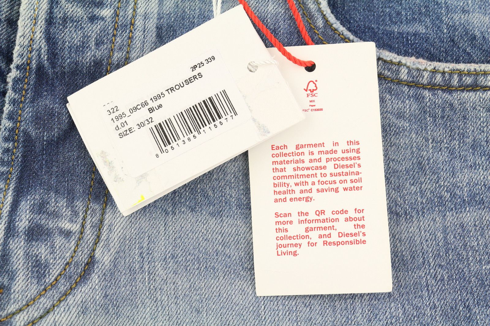 Diesel 1995 09C66 W30/L32 Blue Faded Slim Straight 85420 Size US 30 / EU 46 - 6 Thumbnail